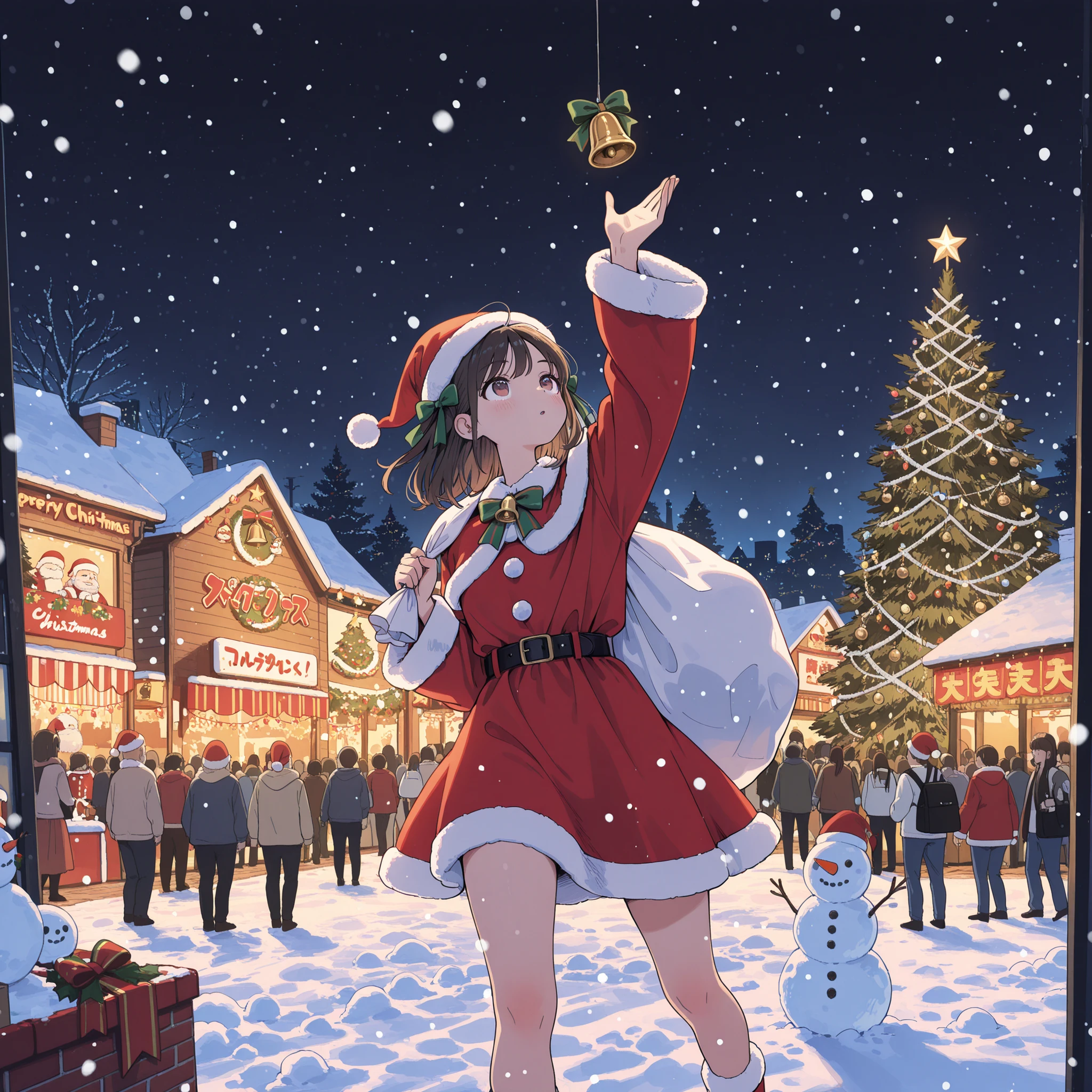 cute Santa girl,
Santa Claus style Christmas costume, Santa Claus Hat, green ribbon bow tie and golden bell,
thick black belt, big white bag of Santa Claus,
wide angle shot from the roof, night, it's snowing, Christmas festival,
very large Christmas tree, Christmas Lights,
crowd in Christmas costumes, snowman,
Christmas Town , Snowy townscape , downtown,
dynamic angle looking up from her pubic area, Dynamic pose,
top quality, masterpiece, super high resolution, very detailed,