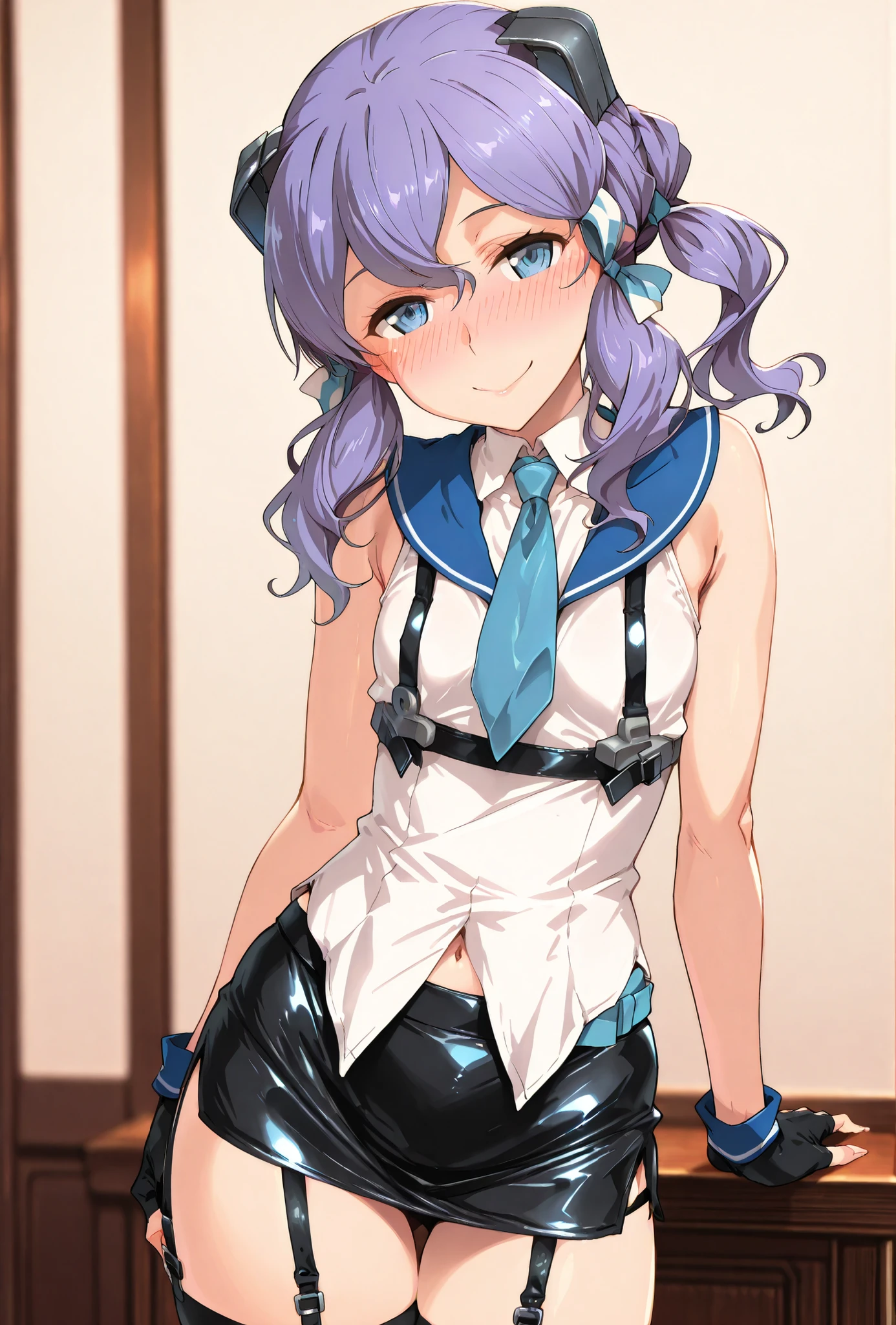 langley\(kancolle\), score_9, score_8_up, score_7_up, source_anime, top quality, (seductive, blush), Smile Yan, Official Art, looking at viewer, masterpiece, ultra-HD, high detail, depth of field, top quality, 8k, top quality, ergonomic,Official Art, 1 girl,solo, anime keyvisual, slender, small butt with a low gaze, thin thighs, Sessyu Style,
headgear,shirt, ribbon,hair ribbon, white shirt, sleeveless, black gloves, fingerless gloves, black skirt, medium hair, sailor collar, sleeveless shirt, garter straps, blue necktie,black thighhighs,pencil skirt,untucked_shirt,flat cheast,
,  
,
,
