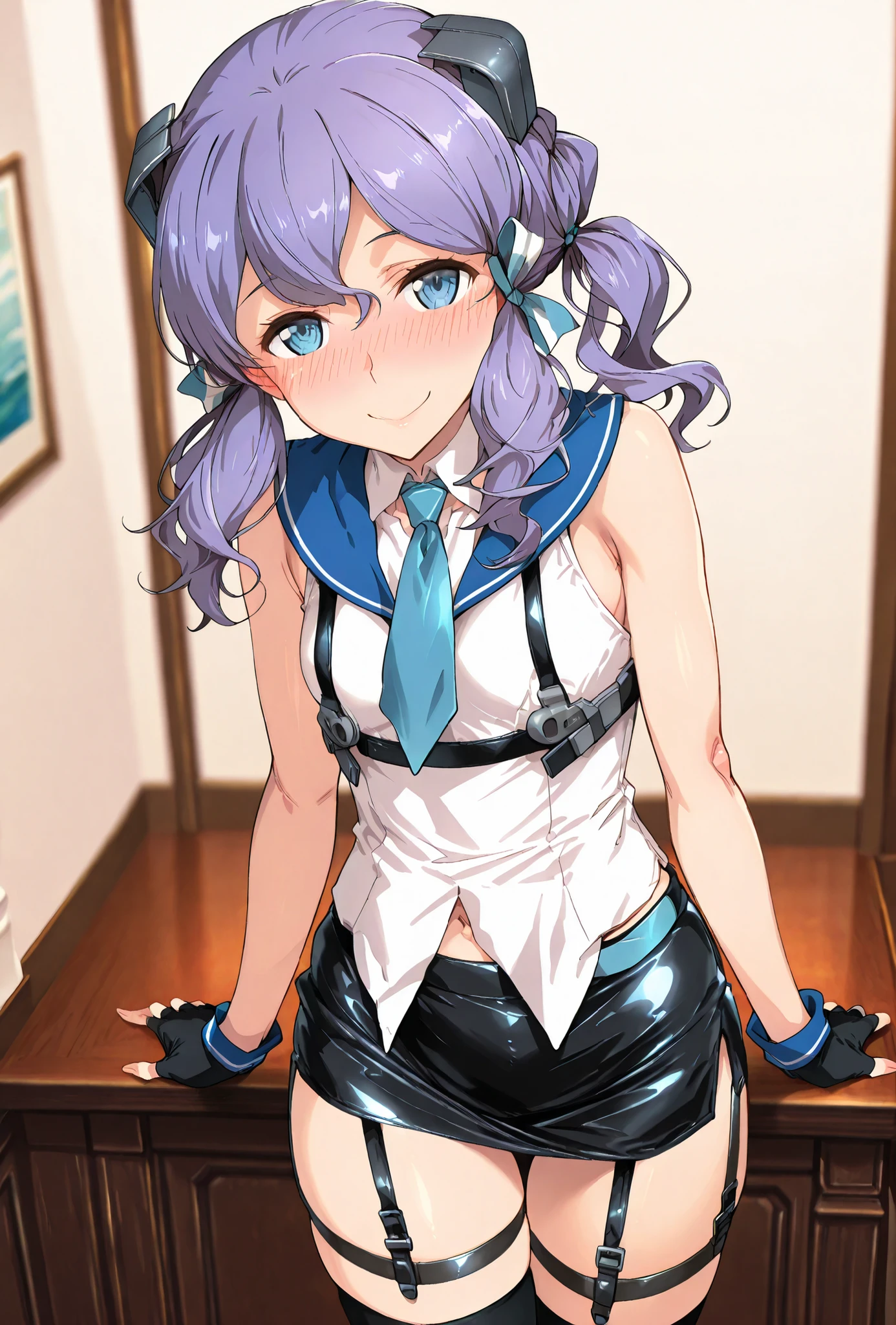 langley\(kancolle\), score_9, score_8_up, score_7_up, source_anime, top quality, (seductive, blush), Smile Yan, Official Art, looking at viewer, masterpiece, ultra-HD, high detail, depth of field, top quality, 8k, top quality, ergonomic,Official Art, 1 girl,solo, anime keyvisual, slender, small butt with a low gaze, thin thighs, Sessyu Style,
headgear,shirt, ribbon,hair ribbon, white shirt, sleeveless, black gloves, fingerless gloves, black skirt, medium hair, sailor collar, sleeveless shirt, garter straps, blue necktie,black thighhighs,pencil skirt,untucked_shirt,flat cheast,
,  
,
,
