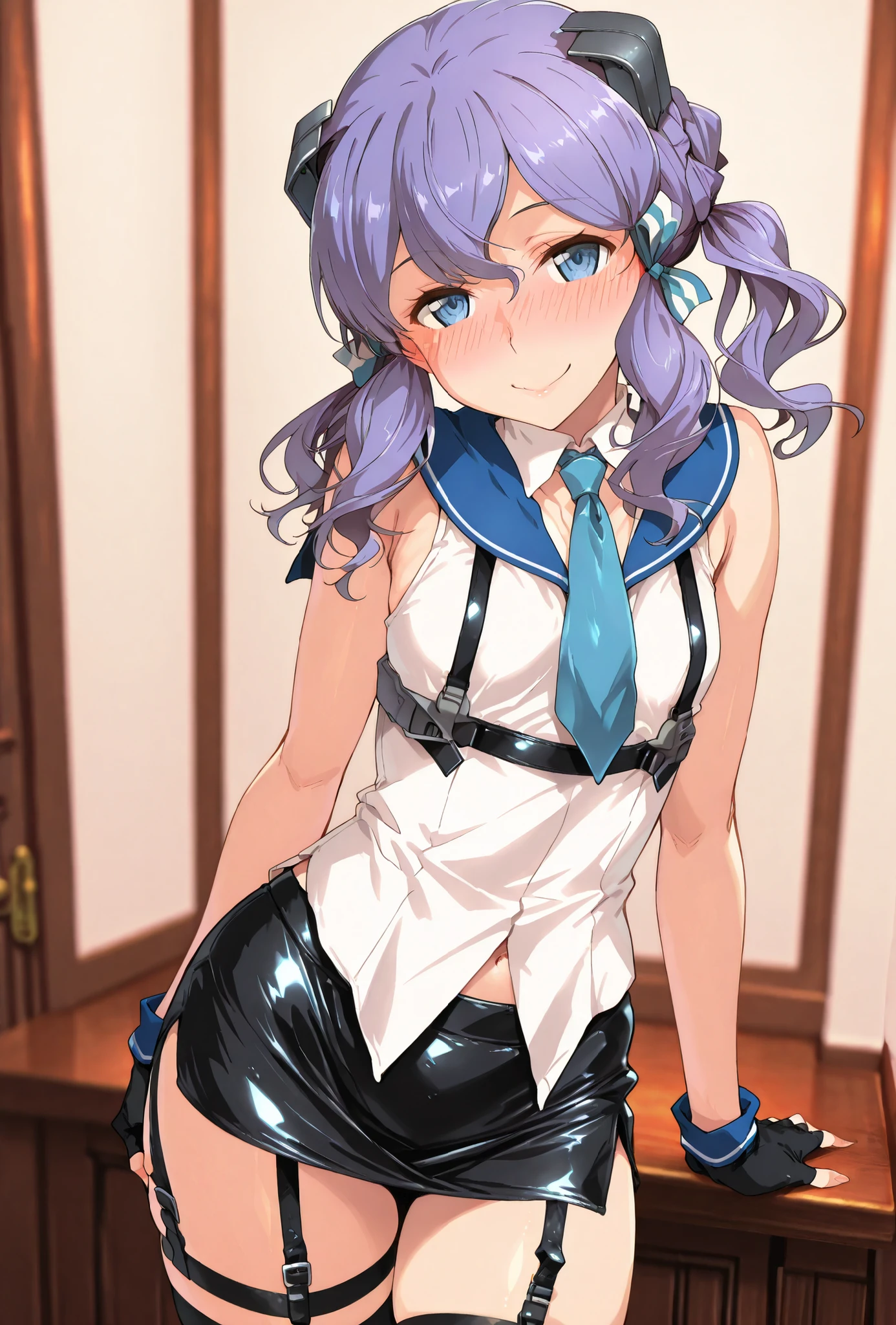 langley\(kancolle\), score_9, score_8_up, score_7_up, source_anime, top quality, (seductive, blush), Smile Yan, Official Art, looking at viewer, masterpiece, ultra-HD, high detail, depth of field, top quality, 8k, top quality, ergonomic,Official Art, 1 girl,solo, anime keyvisual, slender, small butt with a low gaze, thin thighs, Sessyu Style,
headgear,shirt, ribbon,hair ribbon, white shirt, sleeveless, black gloves, fingerless gloves, black skirt, medium hair, sailor collar, sleeveless shirt, garter straps, blue necktie,black thighhighs,pencil skirt,untucked_shirt,flat cheast,
,  
,
,
