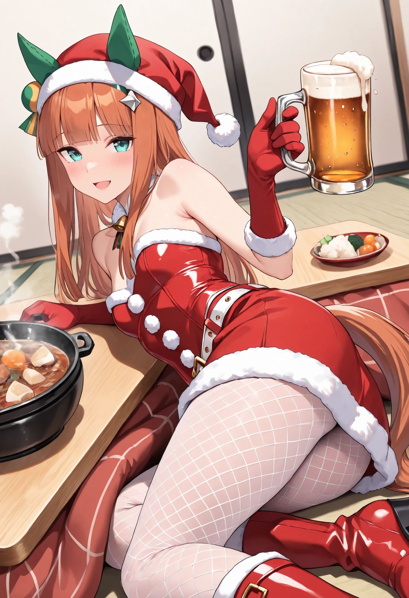 (masterpiece, best quality, perfect face:1.4), wide angle, silence suzuka \(umamusume\), 1girl, horse ears, ear cover, white headband, small breasts, horse tail, tail on the lower back, proportional body, proportional,1 girl, beautiful hair, beautiful face, beautiful detailed eyes, beautiful clavicle, beautiful body, beautiful chest, beautiful thigh, beautiful legs, beautiful fingers, looking at viewer, BREAK, (red Santa Claus hat with white fur), red bustier with sweetheart neckline with white fluffy fur trim, sleeveless, strapless, white fluffy fur pompon decoration on red bustier, (white belt), red flared skirt with white fluffy fur trim, soft texture, wide A-line skirt, red velvet long gloves with white fluffy fur trim, white fishnet tights, white fishnet pantyhose, red boots, BREAK, Kotatsu, Japanese hot pot dishes, drinking beer, Steam rises from the pot, BREAK, ecstatic expression, Ergonomically Correct Body, create perfect body lines, anatomically accurate drawing, hot body, accurate fingers, textured skin, realistic skin, HDR, BREAK, (perfect hands, perfect anatomy),