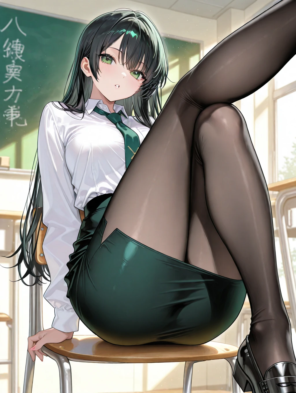 looking back, , 1girl, breasts, solo, , pantyhose, classroom, desk, black hair, long hair, , , green jacket, school desk, , ,  smile, jacket, large breasts, , indoors,  under pantyhose, black , collarbone, off shoulder, red eyes, long sleeves, thighband pantyhose, closed mouth, black pantyhose,shiny skin,photorealistic, mayumi saegusa, black hair, long hair, wavy hair, ribbon, red eyes, medium breast, , dress, white dress, collared dress, pencil dress, light green jacket, cropped jacket, , long sleeves, brazer, necktie, black necktie, armpits, open leg, , spread , wet , , arm behind head,  view, look back, 