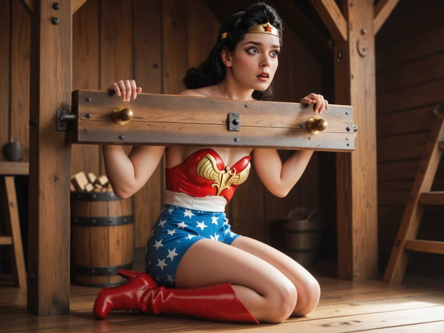 Wonder Woman with skirt hanging from the ceiling with her arms tied by a rough rope、perspiring、Ropes tied her body、a wet body、Rough rope that cuts into the ??????, Strongly tied up、Hands tied、legs hanging in ????????, no floor
