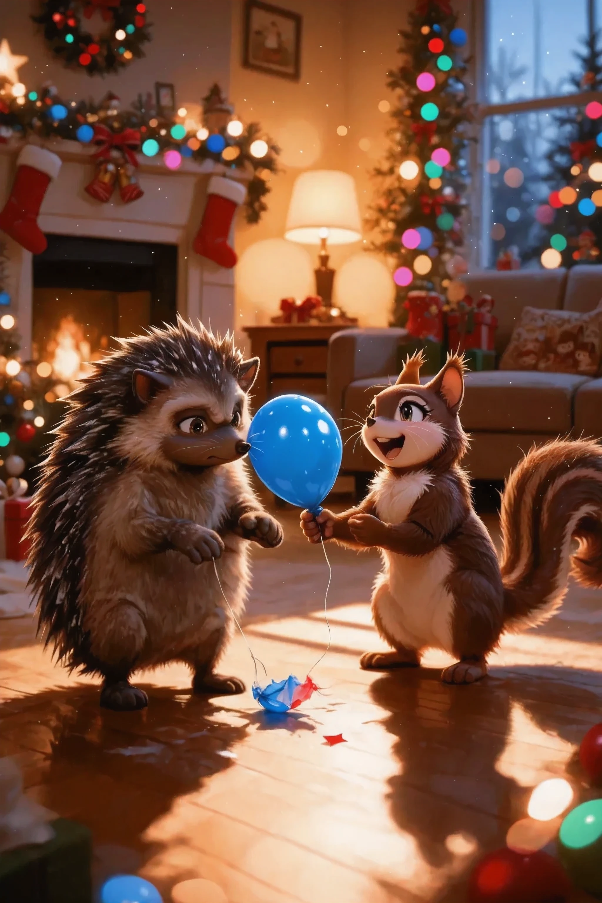 The foreground shows a close-up image of two characters of the same sized: anthropomorphic hedgehog and a squirrel. The hedgehog looks down, There is only a balloon tail in his paw, and next to him on the floor lies "rag " — a bursting balloon, like a crumpled semi-glossy rubber shell. A squirrel on its outstretched paw hands her blue ball to the hedgehog, Sincerely wanting to support his friend. The background IS VERY BLURRED: Christmas cozy house, Dark color, but morning, on the floor there are long soft shadows. There is a beautiful colorful bokeh everywhere from garlands and Christmas lights. A warm winter scene support and friendship, despite the hedgehog's sadness. (masterpiece:1.2), best quality, ultra detailed, 1 hedgehog, 1 squirrel, balloon tail in paw, deflated glossy rubber balloon on the floor, blue balloon, christmas, shallow depth of field, colorful bokeh, morning soft shadows