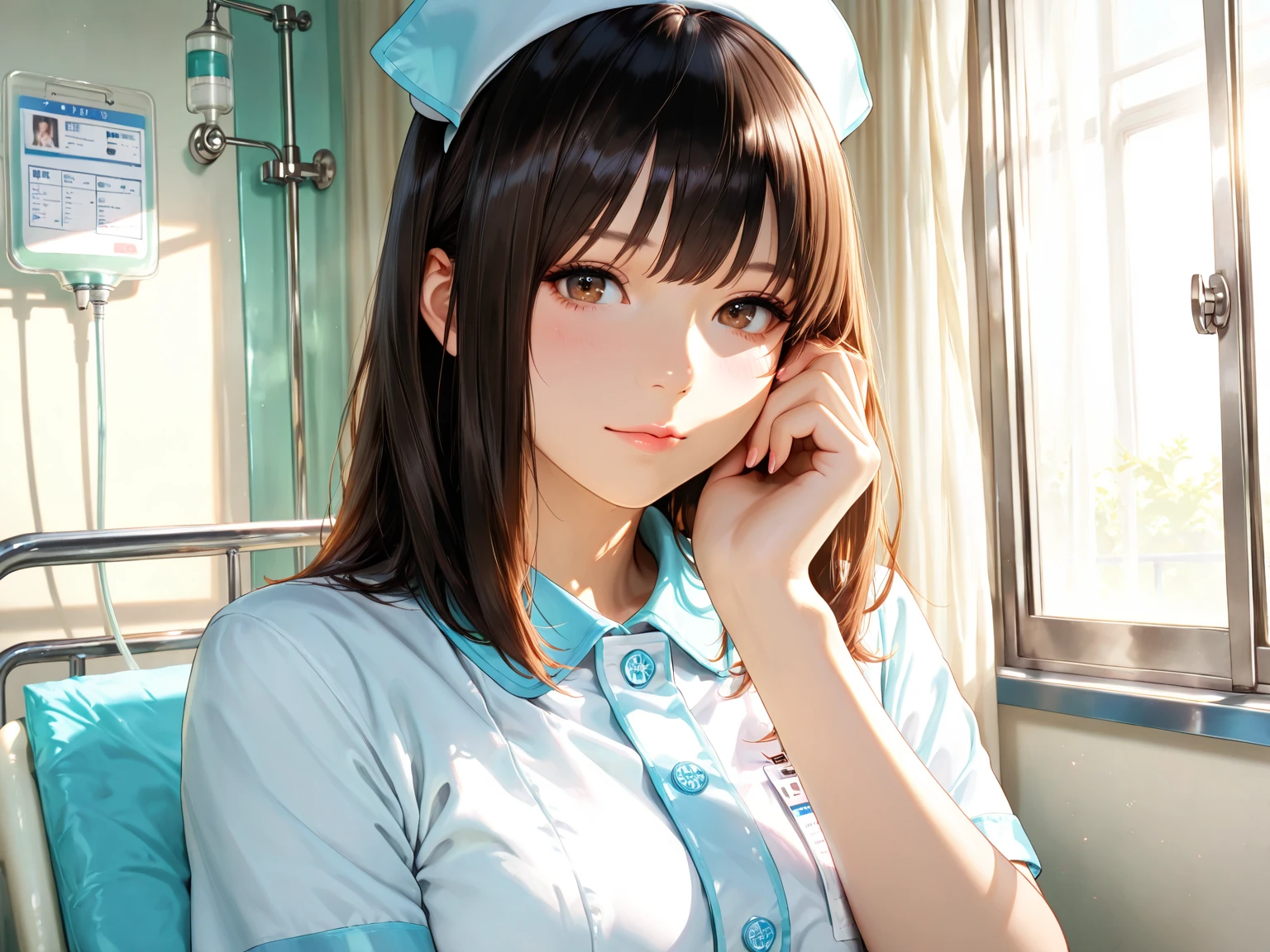 girl anime, full body, (debris flies:),(8K high quality), (highest quality), (reality), (that'realistic), Big eyes,long eyelashes,that'exquisite（Live-action realistic style）,ultimate face,✤ Light and shadow,clear  features,milky white skin, high detail skin,realistic skin details,visible pores,（Super detailed）,(short hair),best portrait,((Photo taken from a distance, from the front)), only one girl, cute type,fine and beautiful eyes, beautifully detailed nose, highly detailed skin) ,(Beautiful face with double eyelids),excellent details, ultra high resolution,,,delicate and beautiful face,,25 years old,(beautiful face ,thin,,((Photographed in a hospital operating room)),, ((Wearing a nurse's uniform and making eye contact with the audience)),Wearing a nurse cap,(The hospital is white.),,very beautiful legs,((Crouch in front of the viewer))),squat with your legs slightly open,the hospital floor is white,Crouch in front of the viewer,((Crouch in front of the viewer)), ((15 year old girl, slim, Thin waist, thin thighs, thin arms, smile)), (((facing up, (view from above),  on ,  , , pov, ((tongue out, open mouth)), Close ~ eyes)))
