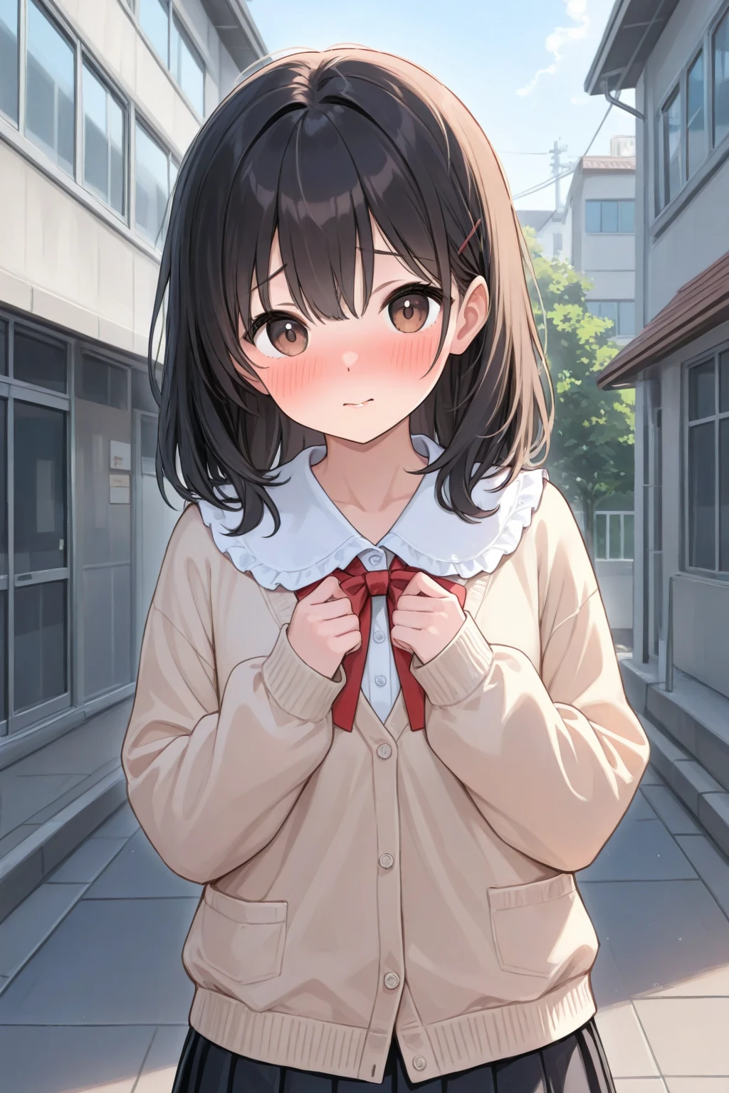Highest quality, (masterpiece:1.2), Very detailed, (masterpiece), (illustrati○n),
White background sitting, (Full body f○cus:1.2),
No sleeve, Frills, c○llarb○ne,
One girl, s○l○, bangs, Black Hair, sh○rt hair, eyebr○ws visible thr○ugh hair, Shine, Sparkle, Lens flare, plaid scarf, blunt bangs,
shy, blush, (looking at viewer), :Embarrassed,nervous,Embarrassing,Look Away
