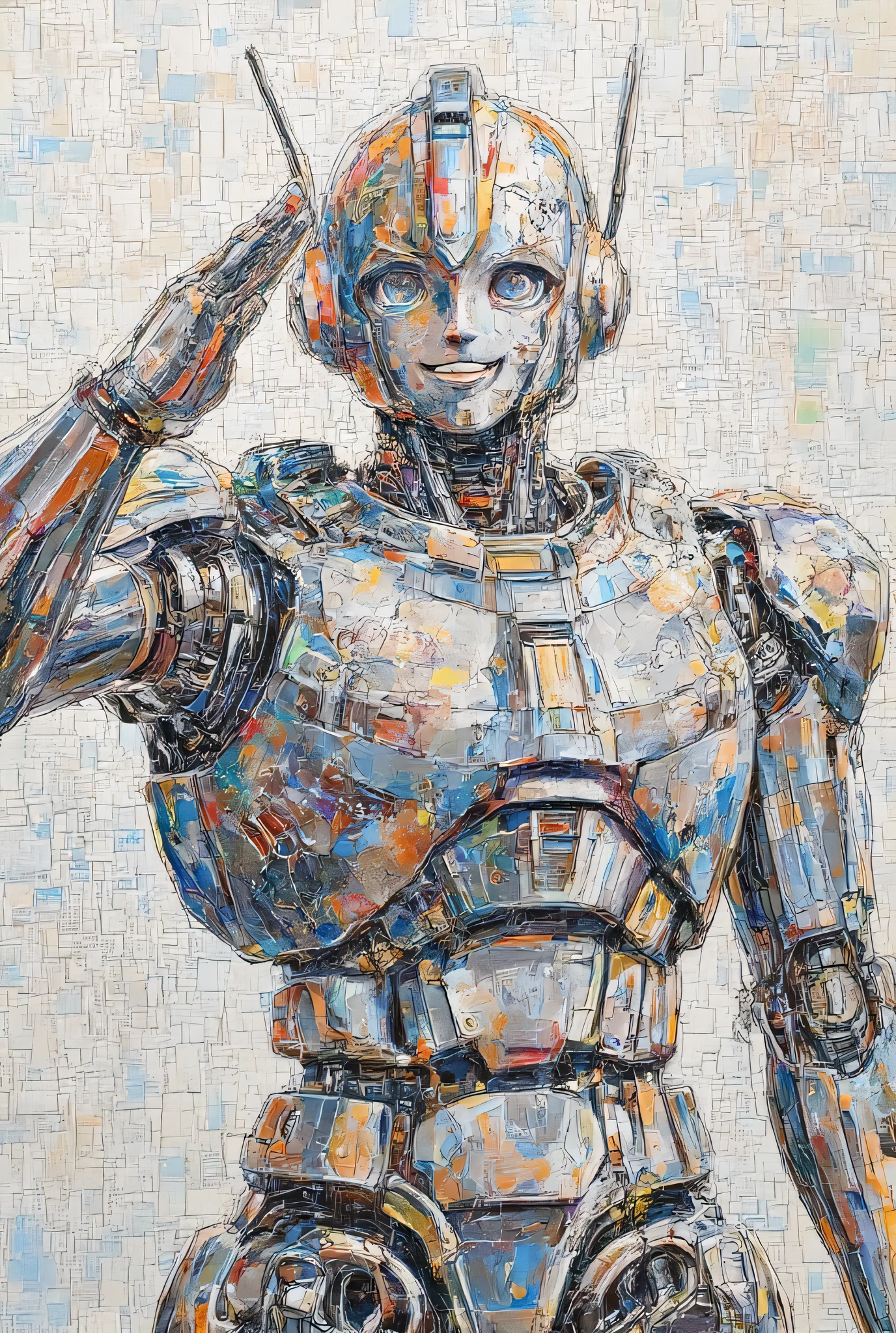 ,complex art, ultra detailed,mecha art,Illustration style,sm211,complex art, perfect mosaic art、1cat, ((upper bodそして)),straight on、
((salute:1.4)), ((A smile that appeals to children)),