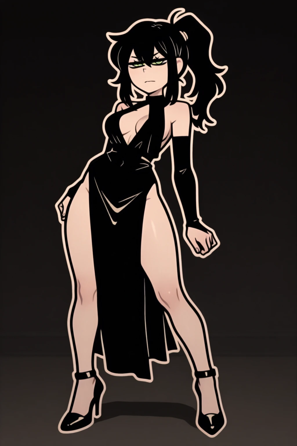 A single full-length woman standing at a symmetrical low angle, from below, barefoot, smiling lustfully with red blush, hands on hips, big knockers
