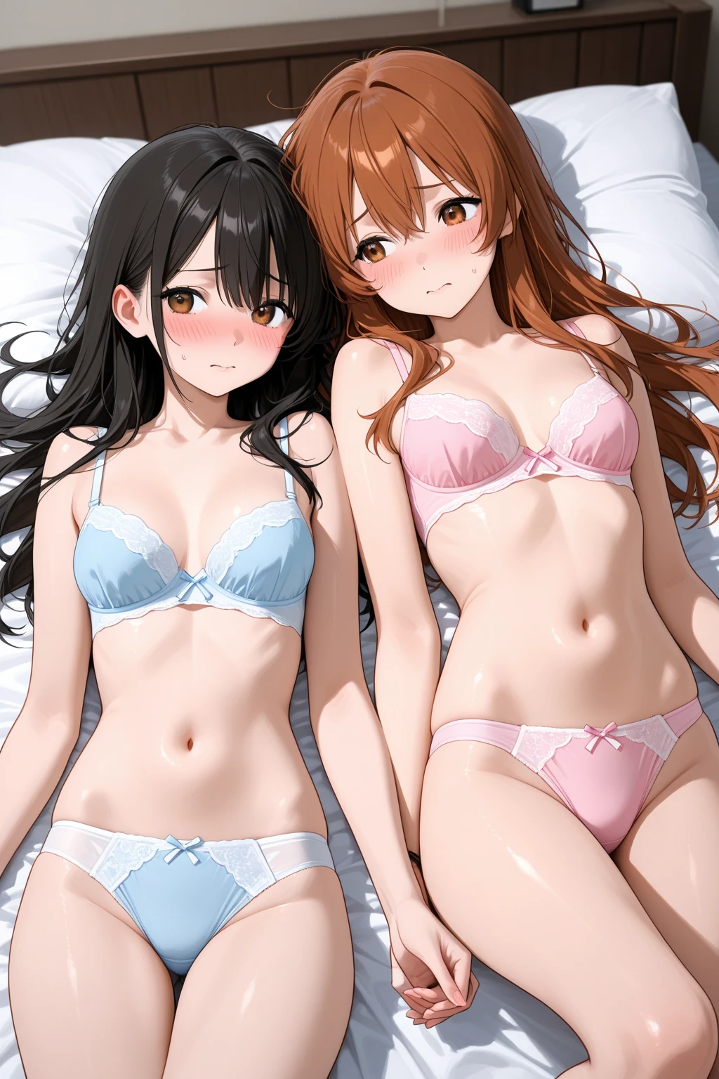 2 girls , Yukinoshita Yukino , Yuigahama Yui has a wonderful bust and ......, waltz dance , In underwear,pink good,belly button,side-string panties,white bra、belly button,white panties,(pussy line),urethra,NSFW,thighs,butt,look at the camera,shy,blush,high angle,bed