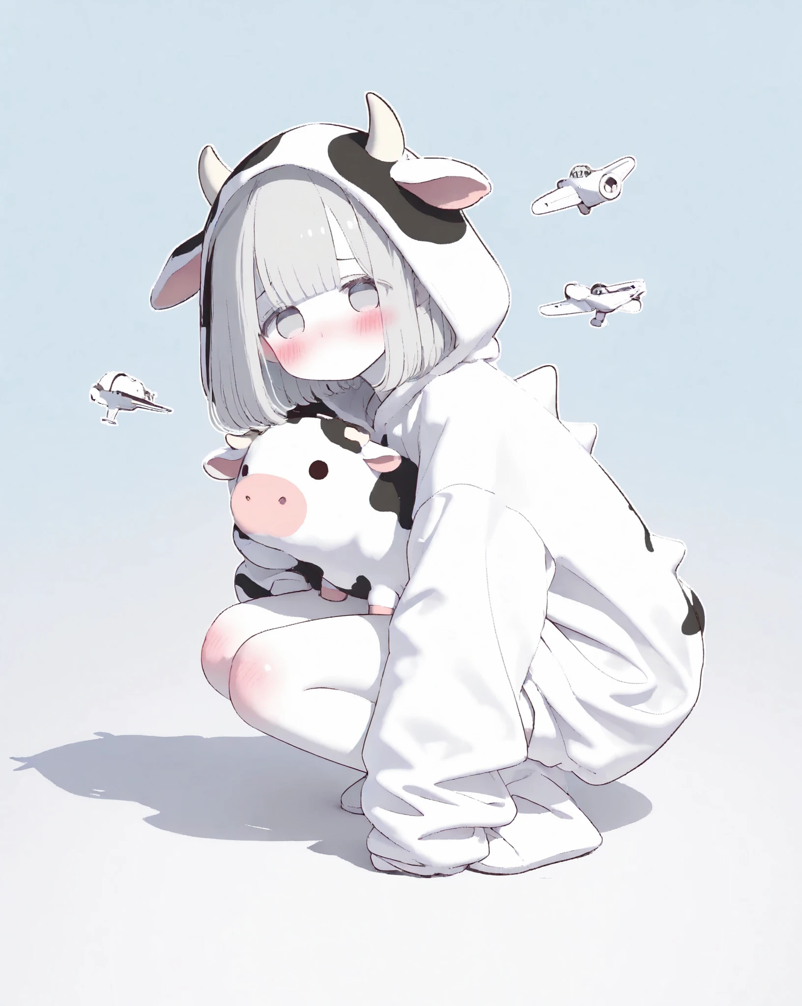 1girl, bob cut,center flap bangs,gray hair,blush,looking at viewer,cow costume,full body,3d depth,squatting,white skin,strong contrast,thick outline,polished cel-shaded render, clear color planes,add shadows,layered shading: hard shadows then soft ambient grad, concentrated highlight spots, ultra high-quality