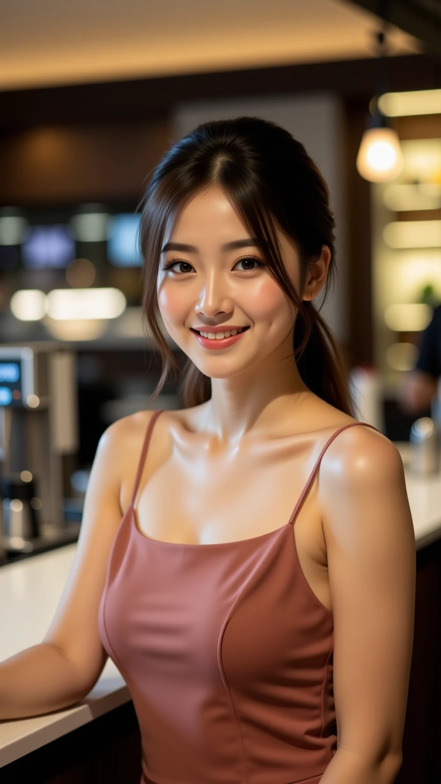 A 20-year-old woman with a very cute and youthful face, like a 15-year-old idol.　Smiling Kindly　(Sheer tank top)　(Small Bust)　Cleavage　A crowded and stylish wine bar at night　Cinema lighting　(Natural light)　Artistic　High level of artistry　RAW Photos　Genuine　High quality that is indistinguishable from real life　Real Stick　High resolution