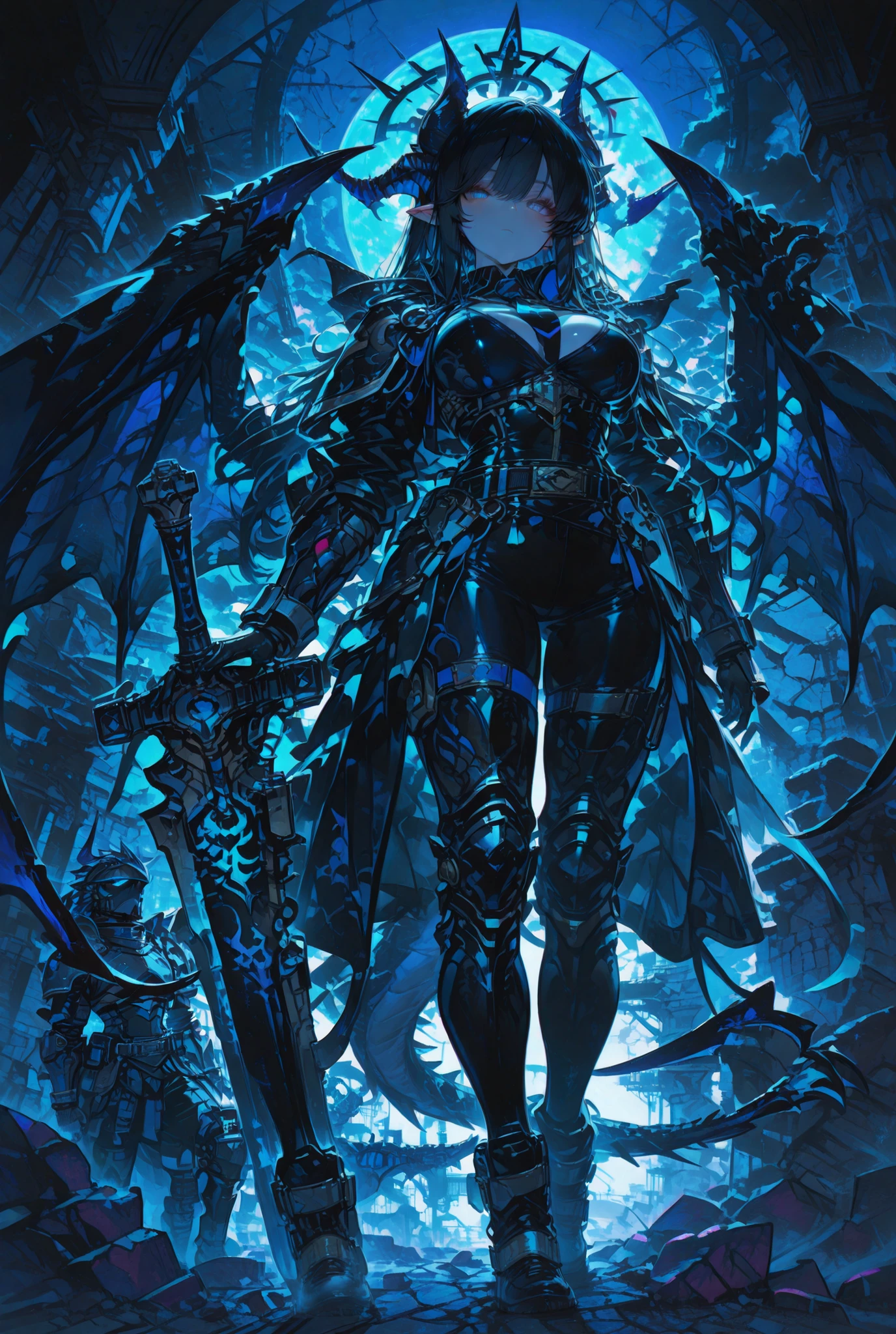最high image quality、high image quality、solo,Monster Hunter Wild、 Rathalos guardian dragon、Beautiful girl、tall（Over 180cm）、Boobs Are G Cups or Larger,Big Breasts,Blue Stripes、dark haired、Machine Dragon Horns（Rioleus's horn）、black and blue colors、Machine Dragon Tail（ Rathalos tail）、black and blue colors、Machine Dragon Wings（ Rathalos wings）、pale light runs on its head and wings、Black and Blue Sword on the Belt、Background is black、blue moon、There is black fog all around、standing、stands on a stone,I hate you,is staring at me,long hair,hair extends to the ground,Elf Ears,Blue Eyes and White Eyes,ABI ESHEF（blue archive）,Fully armed , Mechanical Armor,Heavy Armor,The main colors are black, purple, and blue,Wearing a Black Rubber Suit,blue and black tights,Black and Blue and White Boots,machine black and blue mask,black and blue neck warmer,4 swords on the back 2 swords,Main color is black and gray,Blue Eyes and White Eyes,Bangs up to below the eyes,Blue and Black Halo,機械化された Rathalos wings,