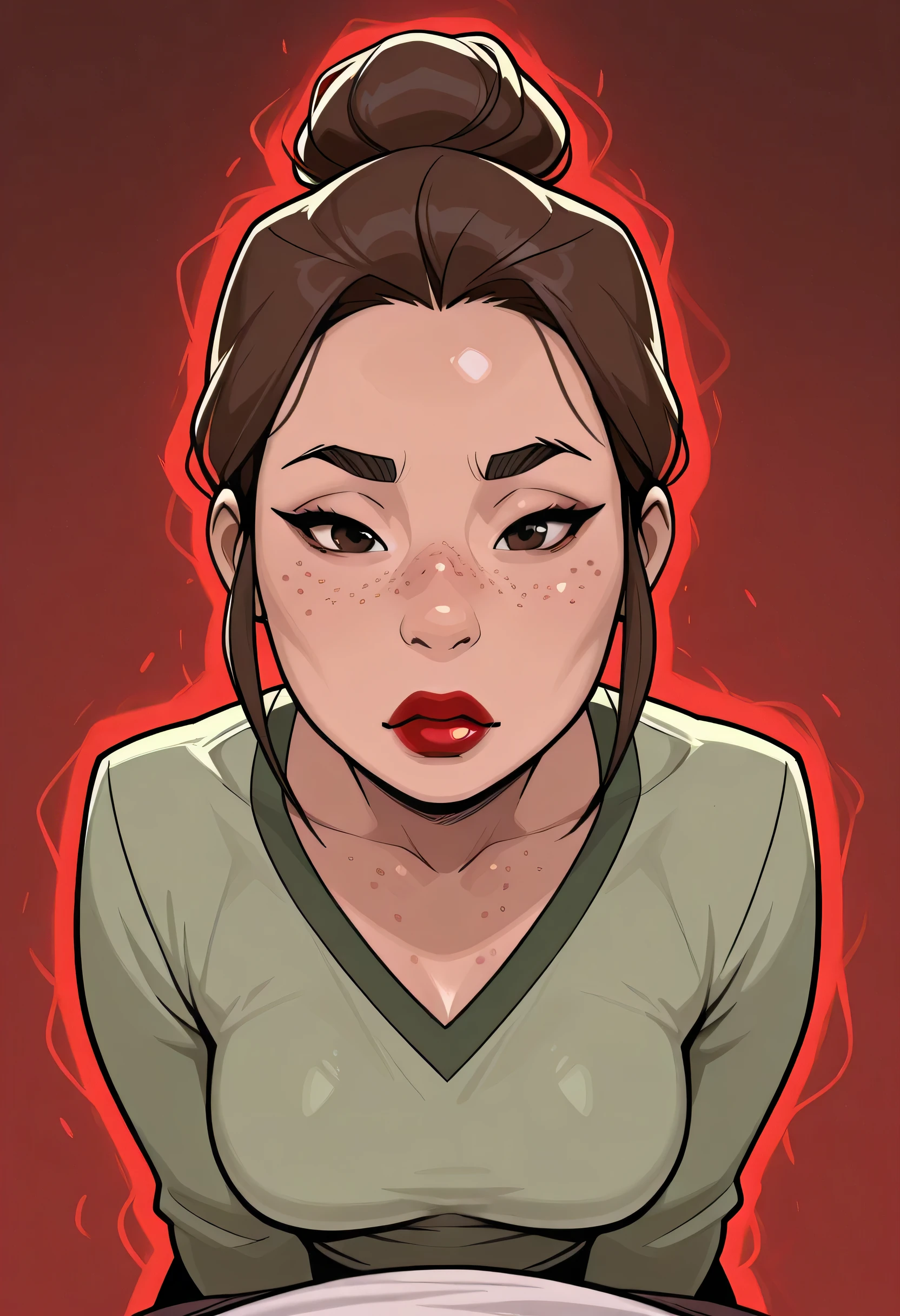 simple background, perfect face, hair bun, brown hair, (forehead), black thin eyebrows, big glowing brown eyes, thick red lipstick, beautiful woman, shirt, green shirt, medium breasts, pov, ((female asian)), asian, (freckles)
