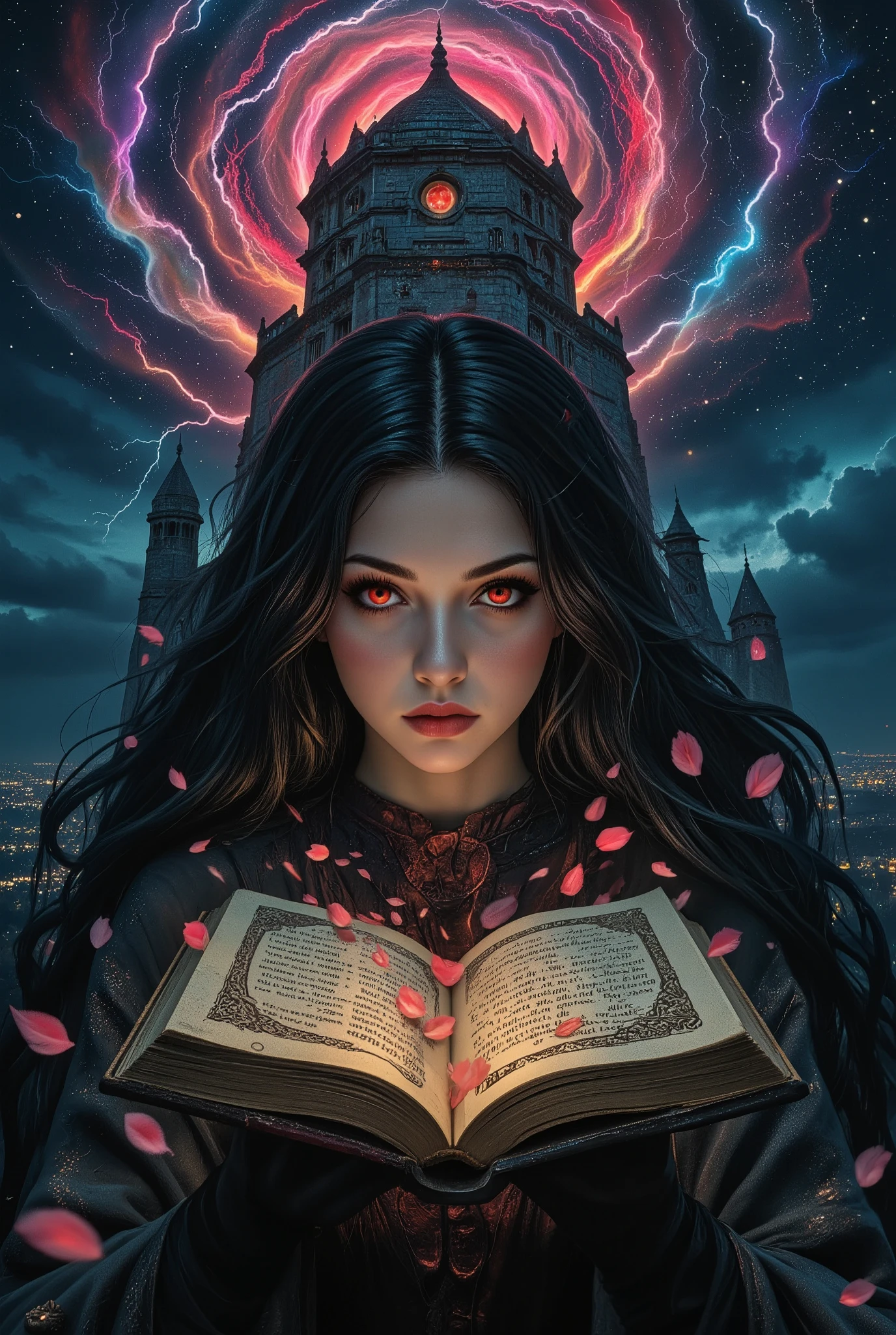 masterpiece, (best quality, create high resolution,4K, 8k),(realistic, photorealistic: 1.5), Demon World Country, 1 girl with an Oracle, ((((Forbidden Old Books )))),old book you shouldn't see , Suspicious old book,An old book that shines suspiciously, An old book that floats up,danger,Summon ,Swirling Darkness , Obsessed , red glowing eyes,universe,Mandala, Magical Rim, grimoire, cinematic composition looking at night from above, colorful lightning and black petals , fantasy,Beautifully detailed eyes,beautifully detailed lips,Highly Detailed Eyes and Faces,long eyelashes,complex details,Brilliant Color,Dramatic Lighting,Tower