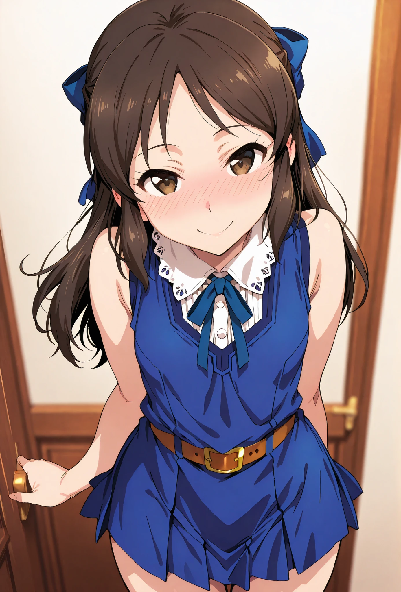 Tachibana Arisu, score_9, score_8_up, score_7_up, source_anime, top quality, (seductive, blush), Smile Yan, Official Art, looking at viewer, masterpiece, ultra-HD, high detail, depth of field, top quality, 8k, top quality, ergonomic,Official Art, 1 girl,solo, anime keyvisual, slender, small butt with a low gaze, thin thighs, Sessyu Style,
pleated blue dress, sleeveless, blue blue ribbon, brown belt,
,  
,
,
