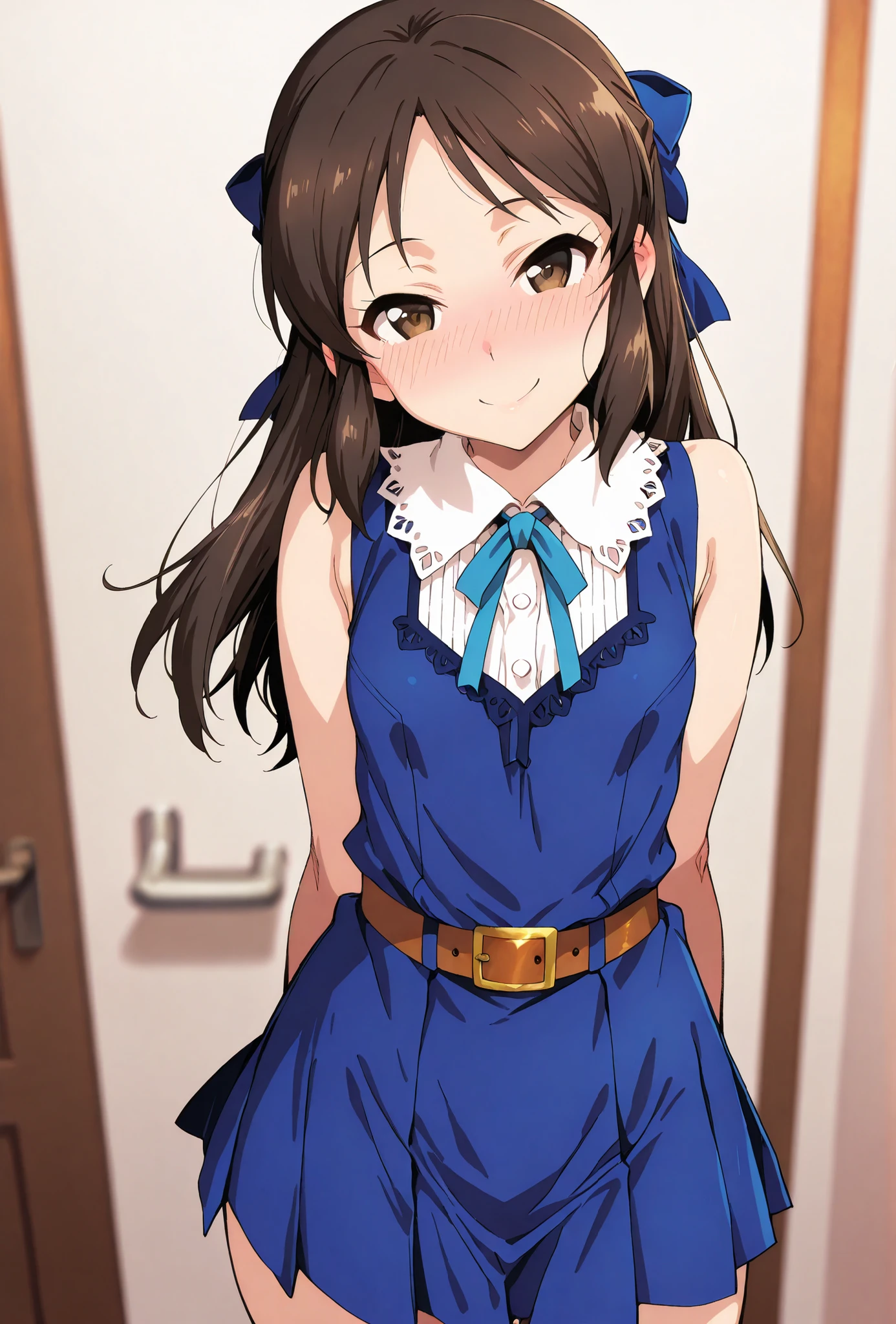 Tachibana Arisu, score_9, score_8_up, score_7_up, source_anime, top quality, (seductive, blush), Smile Yan, Official Art, looking at viewer, masterpiece, ultra-HD, high detail, depth of field, top quality, 8k, top quality, ergonomic,Official Art, 1 girl,solo, anime keyvisual, slender, small butt with a low gaze, thin thighs, Sessyu Style,
pleated blue dress, sleeveless, blue blue ribbon, brown belt,
,  
,
,
