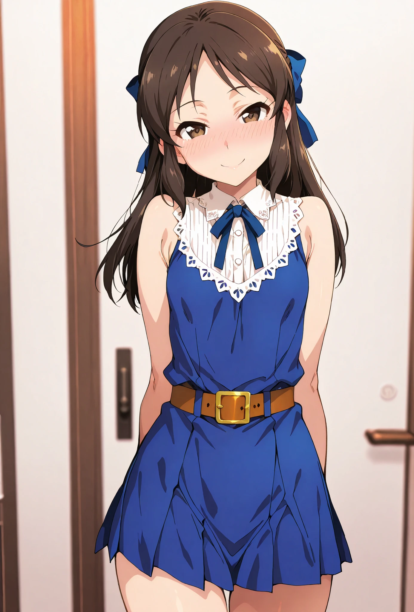 Tachibana Arisu, score_9, score_8_up, score_7_up, source_anime, top quality, (seductive, blush), Smile Yan, Official Art, looking at viewer, masterpiece, ultra-HD, high detail, depth of field, top quality, 8k, top quality, ergonomic,Official Art, 1 girl,solo, anime keyvisual, slender, small butt with a low gaze, thin thighs, Sessyu Style,
pleated blue dress, sleeveless, blue blue ribbon, brown belt,
,  
,
,
