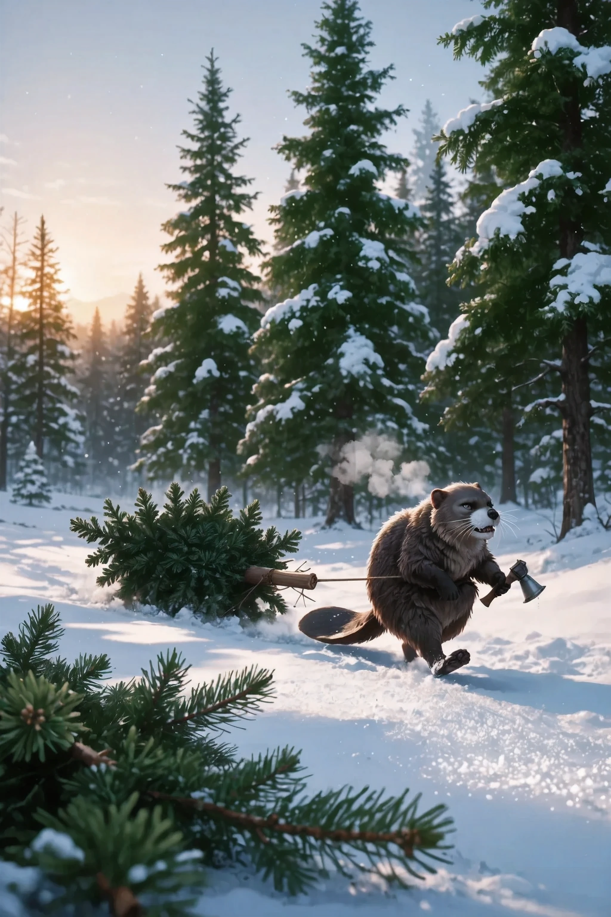 masterpiece, best quality, ultra detailed, close up, spruce and cedar needles, антропоморфный бобёр с большим плоским хвостом в тёплой одежде идёт по сверкающему snow у, winter dawn forest, а второй тянет за собой большую зелёную ель на верёвке — ель волочится по snow у позади бобра, In his footsteps. На заднем плане стройные зелёные кедры густо покрыты пушистым snow ом, partly in the shade, In the foreground, a sprawling green spruce. creates depth and the effect of presence, The, присыпанная snow ом, unadorned, slightly darkened and blurred, holds an ax in one paw. Long soft morning shadows throughout the forest, frosty air, light vapor from the beaver's mouth, The atmosphere of magic, Strange phenomena: fur structure, snow , framing, natural transmission of light and shadow.