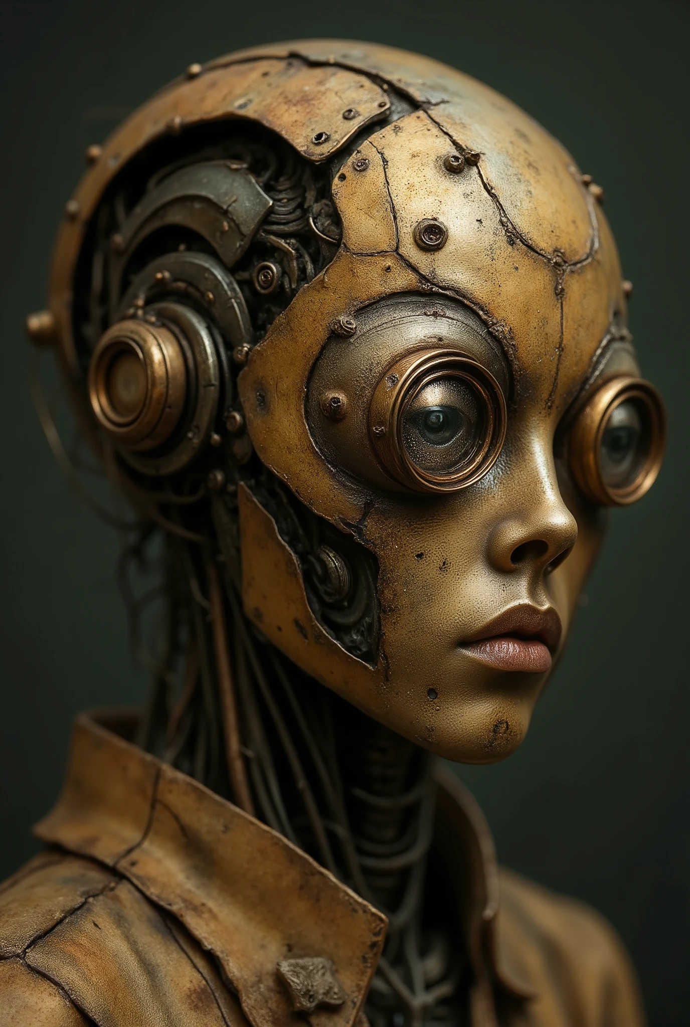 A detailed, steampunk-inspired sculpture of a humanoid robot. The robot's head is intricately designed, featuring large, round, circular eyes and a textured, metallic surface. The color palette consists of worn metal tones: brass gold copper bronze, creating a vintage and industrial aesthetic. The sculpture's face is detailed, with a neutral expression and a slightly down-turned mouth. The humanoid wears a worn-out shirt with a small, rectangular tag attached to the collar. The background is blurred, highlighting the robot as the central subject. The image evokes a sense of mystery and intrigue, as if the robot is in a state of deep thought or contemplation.