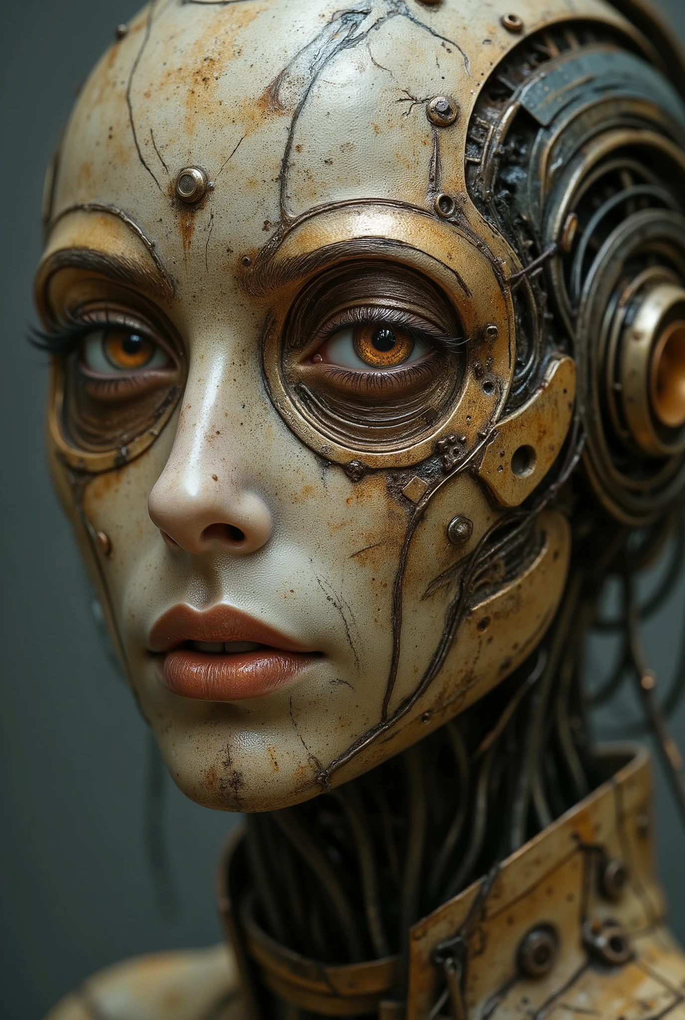A detailed, steampunk-inspired sculpture of a humanoid robot. The robot's head is intricately designed, featuring large, round, circular eyes and a textured, metallic surface. The color palette consists of worn metal tones: brass gold copper bronze, creating a vintage and industrial aesthetic. The sculpture's face is detailed, with a neutral expression and a slightly down-turned mouth. The humanoid wears a worn-out shirt with a small, rectangular tag attached to the collar. The background is blurred, highlighting the robot as the central subject. The image evokes a sense of mystery and intrigue, as if the robot is in a state of deep thought or contemplation.