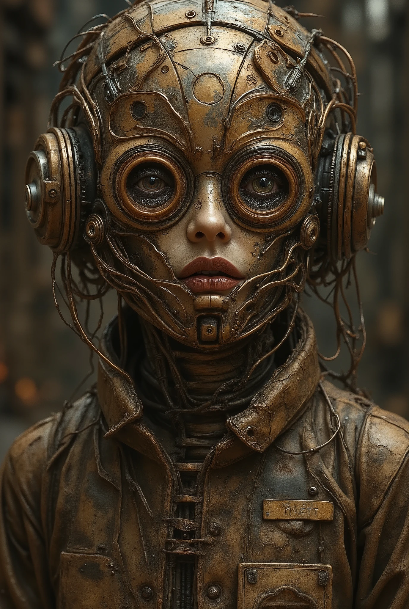 A detailed, steampunk-inspired sculpture of a humanoid robot. The robot's head is intricately designed, featuring large, round, circular eyes and a textured, metallic surface. The color palette consists of worn metal tones: brass gold copper bronze, creating a vintage and industrial aesthetic. The sculpture's face is detailed, with a neutral expression and a slightly down-turned mouth. The humanoid wears a worn-out shirt with a small, rectangular tag attached to the collar. The background is blurred, highlighting the robot as the central subject. The image evokes a sense of mystery and intrigue, as if the robot is in a state of deep thought or contemplation.