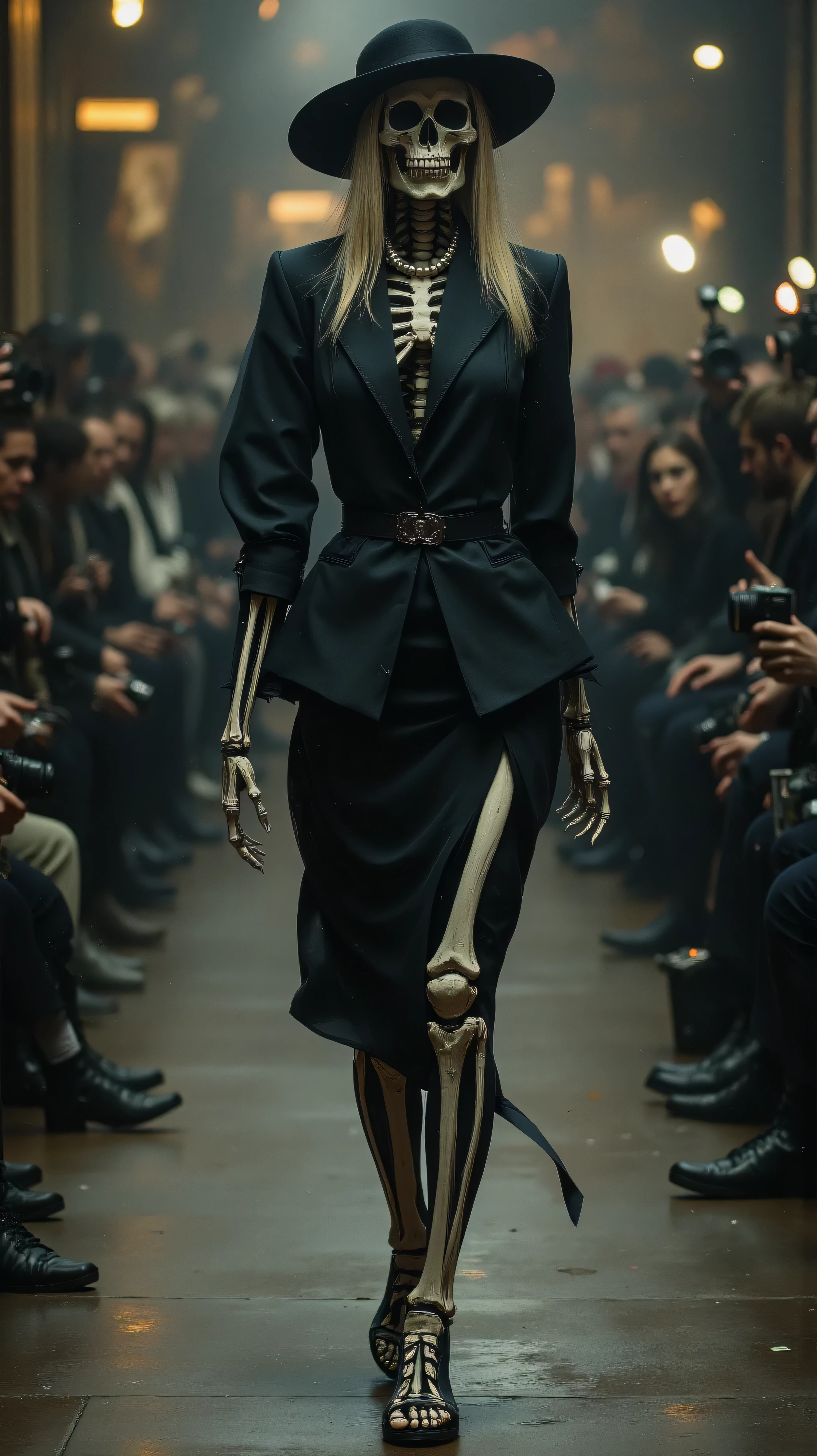 Hyper-realistic full body photography of a female skeleton model walking confidently down a professional high-fashion runway, facing the camera directly. She is wearing a sophisticated early 1980s wide-brimmed hat tilted to the side, with sleek straight blonde hair visible underneath. The skeleton is dressed in elegant 80s "Power Suit" couture: a tailored satin peplum jacket with structured shoulder pads, a matching knee-length pencil skirt, and pearl jewelry. Background shows a blurred audience watching and camera flashes. Cinematic lighting, razor-sharp focus on the skull and fabric textures, highly detailed bone texture, 8k resolution, photorealistic, Vogue editorial.