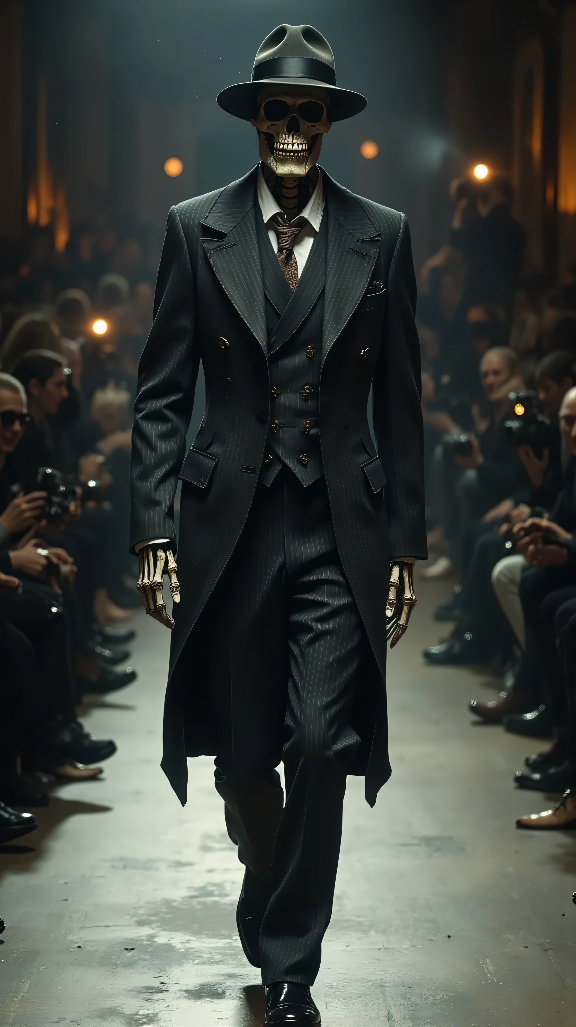 Hyper-realistic full body photography of a male skeleton model walking confidently down a professional high-fashion runway, facing the camera directly. He is wearing a classic elegant 1980s Fedora hat with a satin ribbon. The skeleton is dressed in sophisticated 80s formal wear: a charcoal grey double-breasted pinstripe suit with wide peaked lapels, a crisp white dress shirt, and a silk tie. The trousers are pleated and break perfectly over polished dress shoes. Background shows a blurred audience watching and camera flashes. Cinematic lighting, razor-sharp focus on the skull and fabric textures, highly detailed bone texture, 8k resolution, photorealistic, Vogue 1980