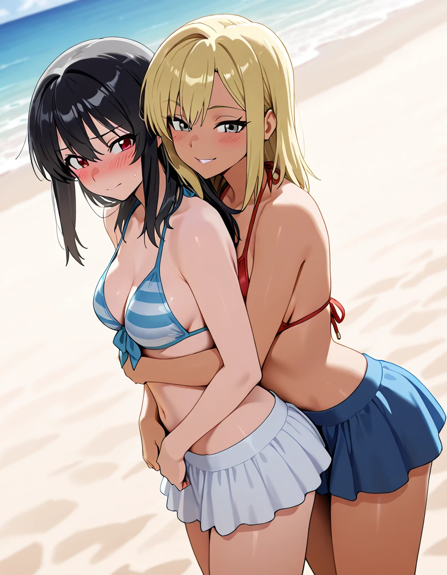 2 girls beautiful 13 years slim, long blonde hair and a black hair small swimsuit, Meer wellen Strand  Sommer  Sonnen untergang, kissing and holding hands, UHD, masterpiece, anatomically correct, high details, highres, best quality, super detail, 8k