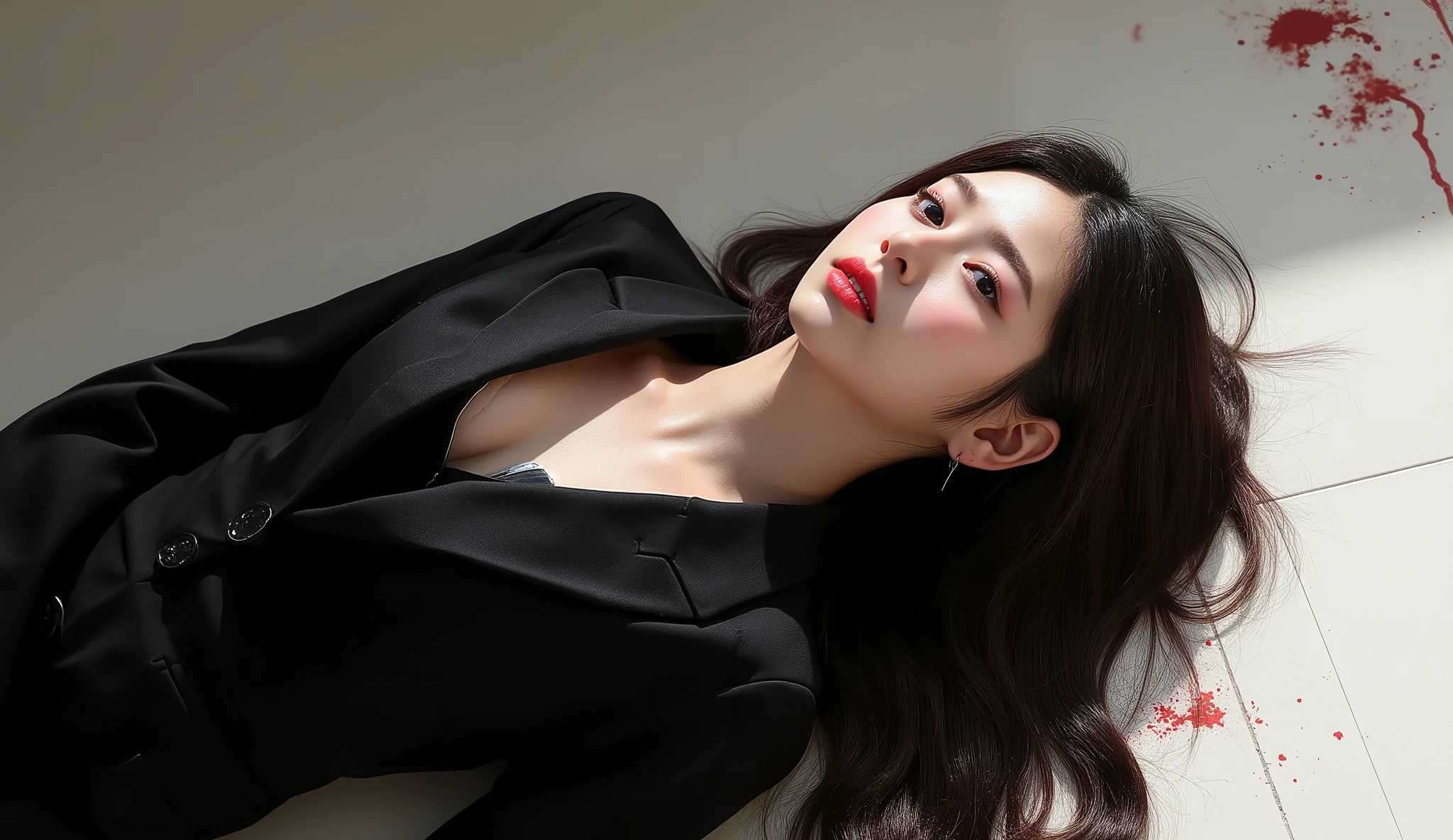 Masterpieces Best Quality (Wallpapers 8K Very High Detail) (best illustrations) (The best shadow) Realistic lighting, high definition, very realistic, a handsome 30-year-old Asian woman wearing a black suit, she was shot in the forehead, a bullet wound in the middle of her forehead, a bullet hole on her forehead bleed a little, no hair covering her face, her eyes wide in fear, her mouth open, her face full of emotion, showed Sexual orgasms, but she's dead, lying on her back on a blood-stained white limestone floor in a luxury hotel.