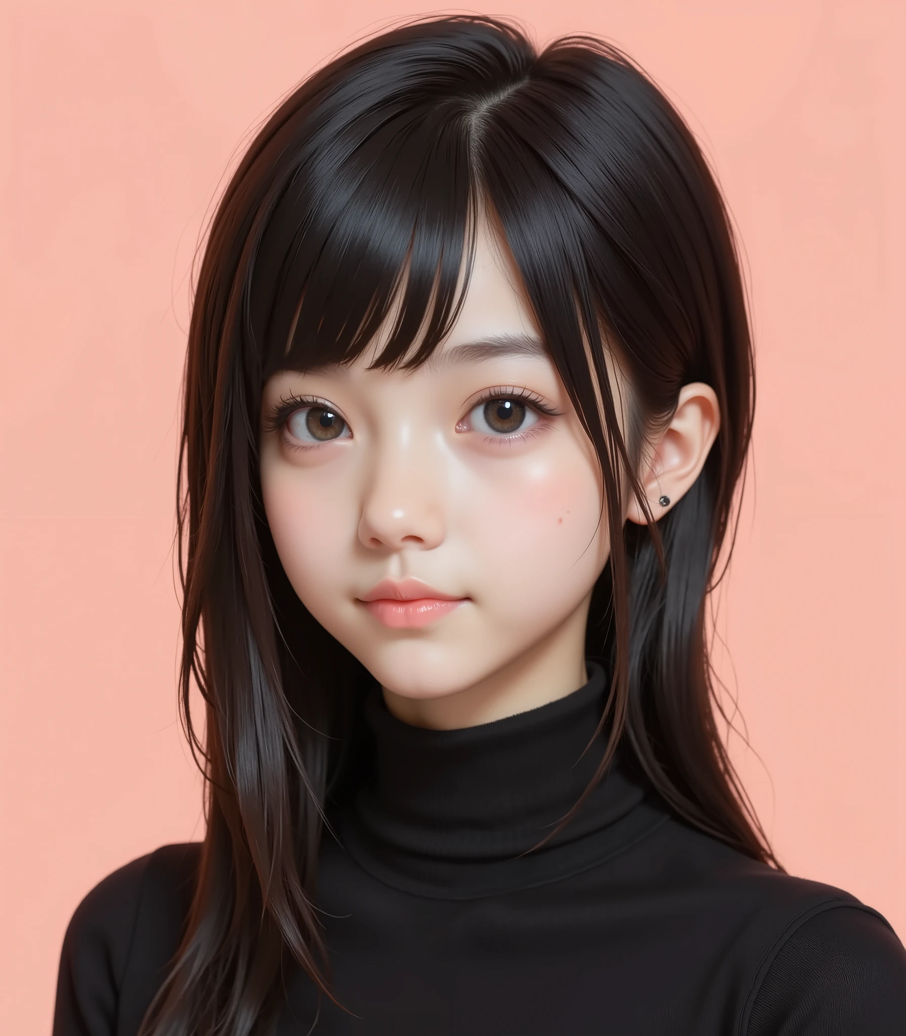 ((angle above the waist))、high image quality、masterpiece、realistic、((please make the correct human body structure))、16 year old girl ，cute女の子、超cute、semi-long random hair、cute、  gray eyes 、 ((black turtleneck knit))、Background is pale coral pink、(((Look away from the camera)))、focus on your face、