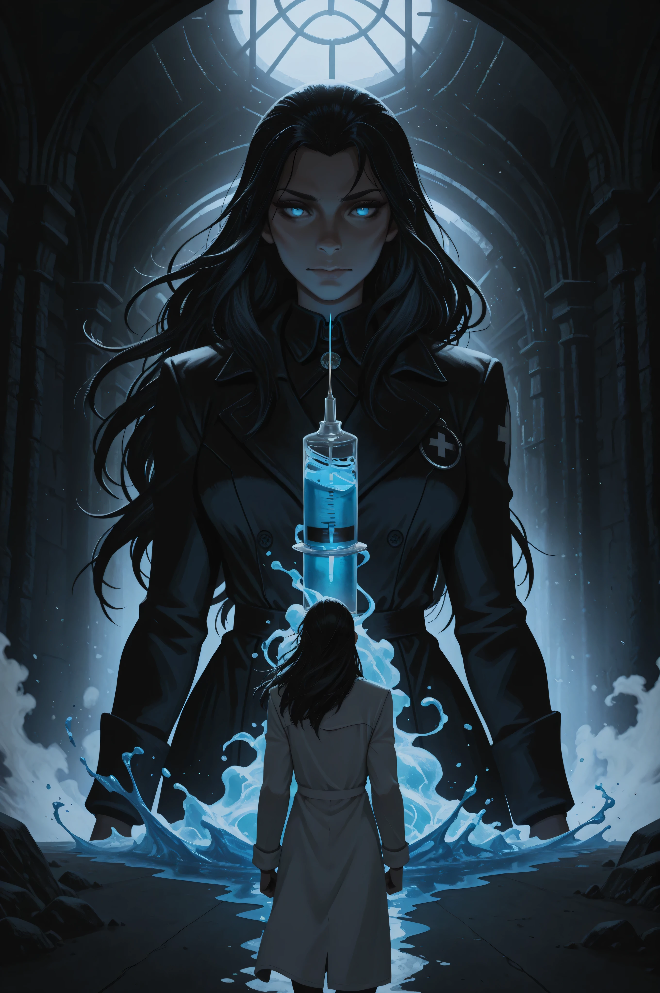 atmospheric lighting,glowing,Cinematic Shot,fantasy,Movie Still,dungeon and dragon ,,goth black and white anime art, (black and white art) mostly black and white, a female doctor, wearing white coat, raising a syringe with blue liquid, dynamic hair, blue eyes , best detailed face, black hair, long hair hair, blue eyes, goth hospital room background