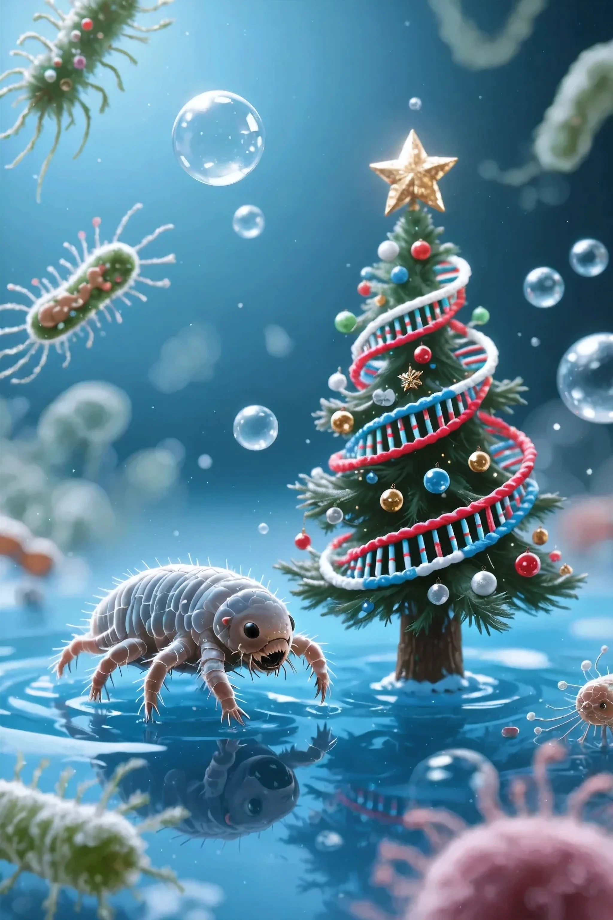 masterpiece, best quality, ultra detailed, macro photography, microcosm, , the main character is a tardigrade, every detail, next to a miniature Christmas tree, created from a spiral of DNA and molecules, both float in clear bluish-blue water (Primary broth), , the entire surrounding space and background are very blurred, in the translucent haze, you can guess the contours ciliates and bacteria, bubbles around, soft lighting, is clearly drawn, the focus on the details of the tardigrade and the Christmas tree, gloomy, darkrain, New Year's scientific atmosphere