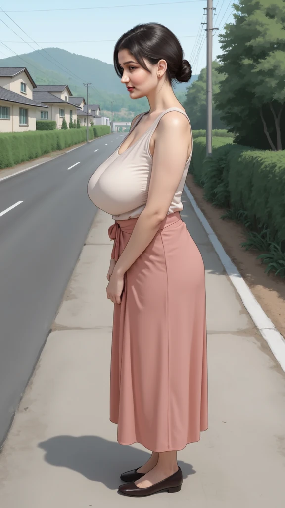 Mini short jeans skirt, grey seamless ribbed cami top with shoulder straps, size small, Huge breasts,   belly bottom, masterpiece, best quality, highly detailed, ultra high res, (photorealistic:1.8), unreal_engine, photograph, realistic_skin_texture, rialistic photo、Real Images、Top image quality、​masterpiece, white skin color, gold hair, full body standing, outdoor, Main Street, Scrawny:1.7,