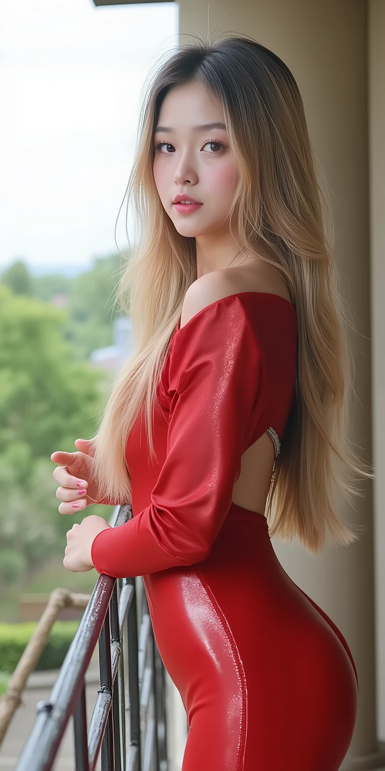 (Very pretty teen girl, beauty of an IDOL), medium straight blonde hair, (wearing a tight shiny crimson costume, elegan, cantik dan modis), (tampilan full body), Full makeup, wearing a very pretty little Tiara, pose leaning on the fence of the luxury villa balcony with the back of a very beautiful view, (Mata Biru jernih, mata bulat besar, mata yang indah, hidung mancung, bibir merah lembut), perfect small tits, (cleavage on the lower chin, Tubuh langsing, very white and clean skin, Perfectly proportioned body and head), tatapan mendalam, wear beautiful jewelry, (pakai anting kecil, pakai kalung cantik), background luxury villa balcony with a very beautiful view, 8K ultra HD resolution, photorealistic quality, Ketajaman Maksimal, (karya agung:1.3, 8k:1.3, Kualitas Tertinggi:1.3, detail:1.3, resolusi tinggi:1.3, lukisan digital, sangat detail), practice, Foto yang jelas, detail realistis, highly detailed background, Very clear background.