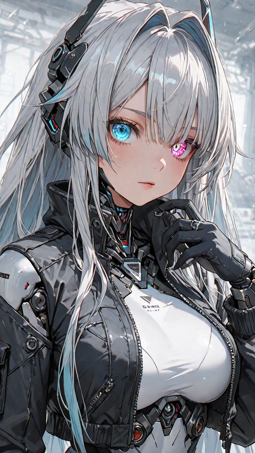portrait, 1 robotic girl, beautiful face, belt, , covered mouth, covered navel, futuristic helmet, detached sleeves, grey eyes, hip vent, , cute, look at viewer, night city, neon, rainy,