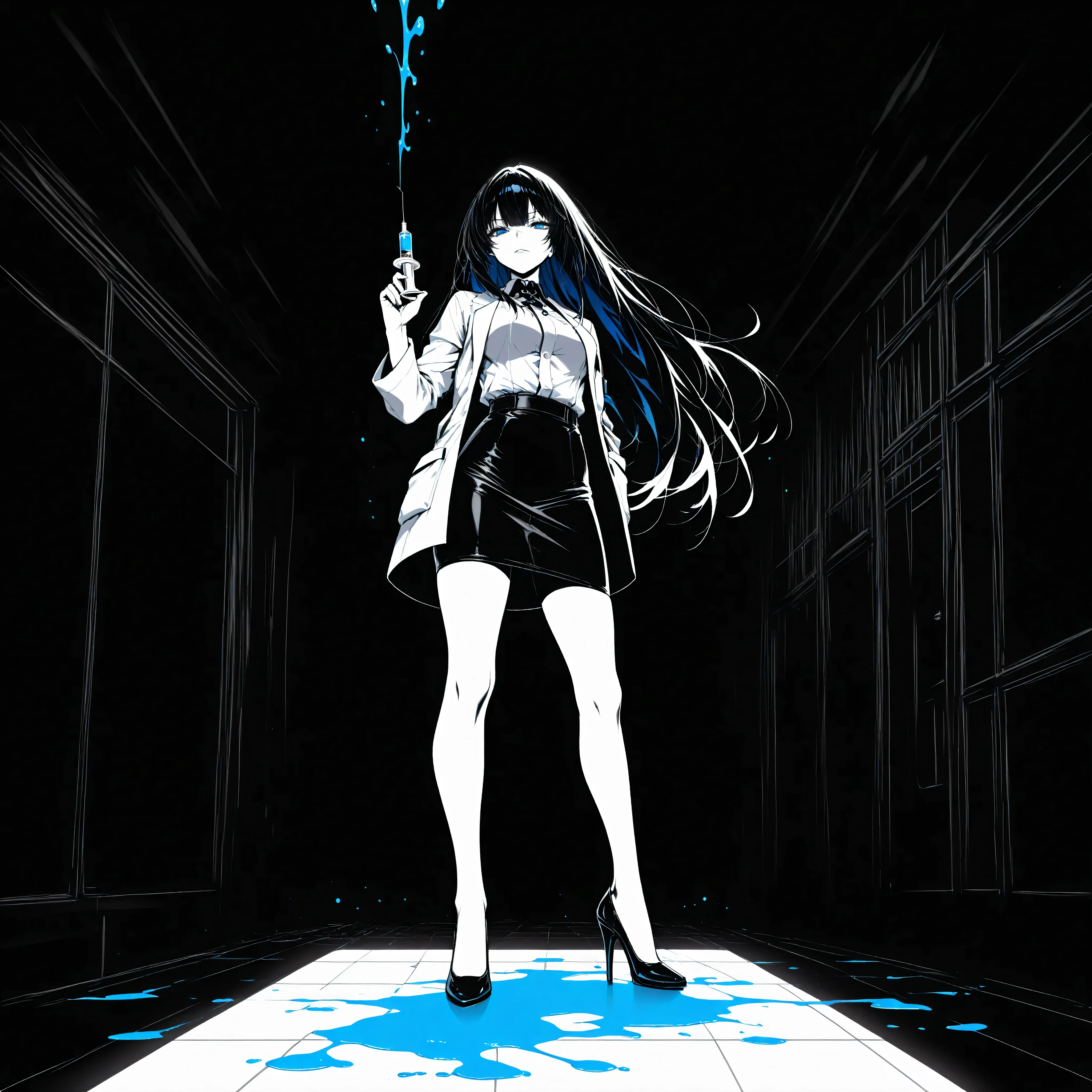 aidmaMJ6.1,masterpiece, best quality, very aesthetic, absurdres, a black and white picture, only colors are black and white, a female doctor, wearing white coat, raising a syringe with blue liquid, dynamic  hair, blue eyes, wearing white button shirt, wearing black pencil skirt, wearing black high heels, goth hospital background . Hyperrealism style, vibrant, Ultra-high resolution, High Contrast, best details, best quality, highres, ultra wide angle, 16k, [ultra detailed], masterpiece, best quality, (extremely detailed) RAW