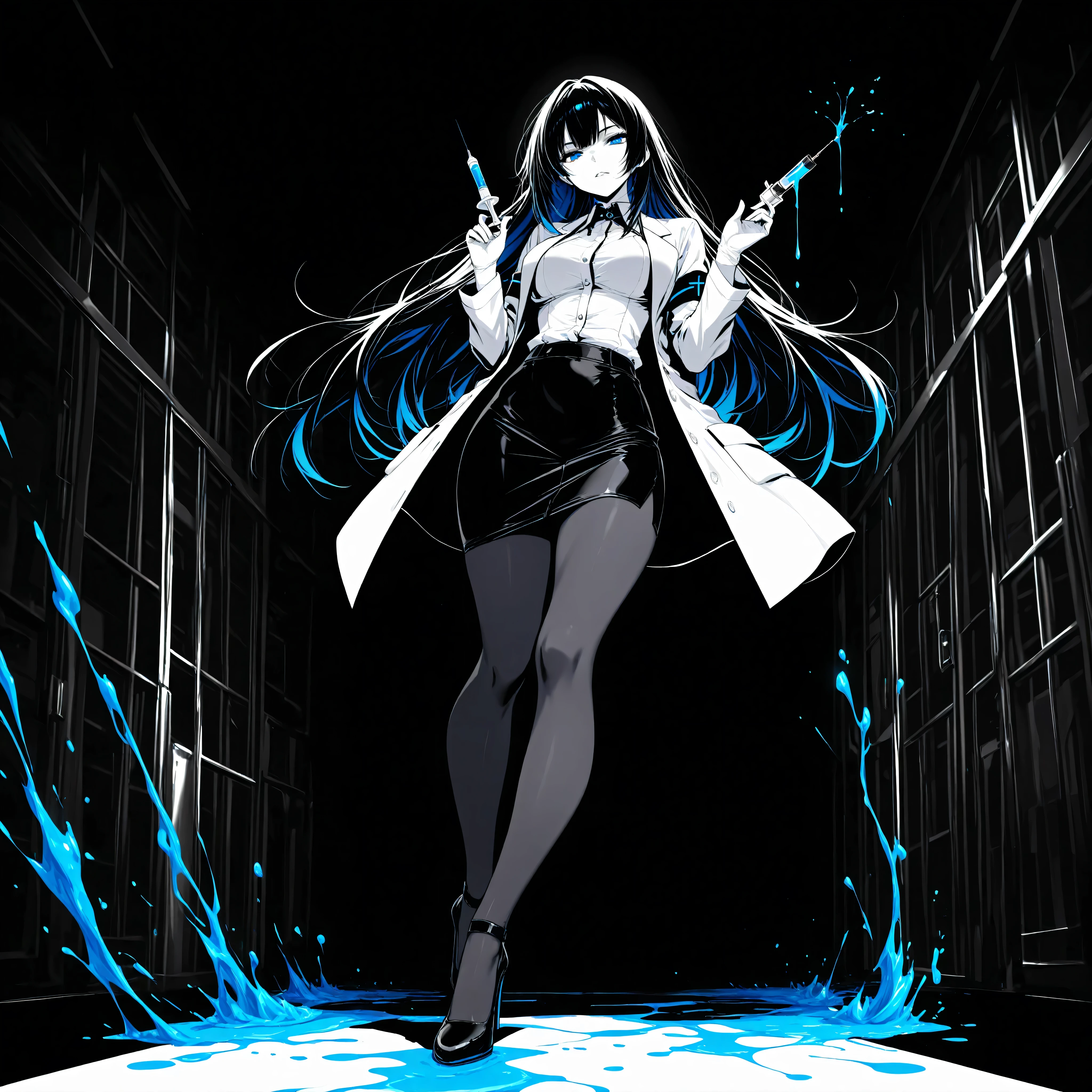 aidmaMJ6.1,masterpiece, best quality, very aesthetic, absurdres, a black and white picture, only colors are black and white, a female doctor, wearing white coat, raising a syringe with blue liquid, dynamic  hair, blue eyes, wearing white button shirt, wearing black pencil skirt, wearing black high heels, goth hospital background . Hyperrealism style, vibrant, Ultra-high resolution, High Contrast, best details, best quality, highres, ultra wide angle, 16k, [ultra detailed], masterpiece, best quality, (extremely detailed) RAW