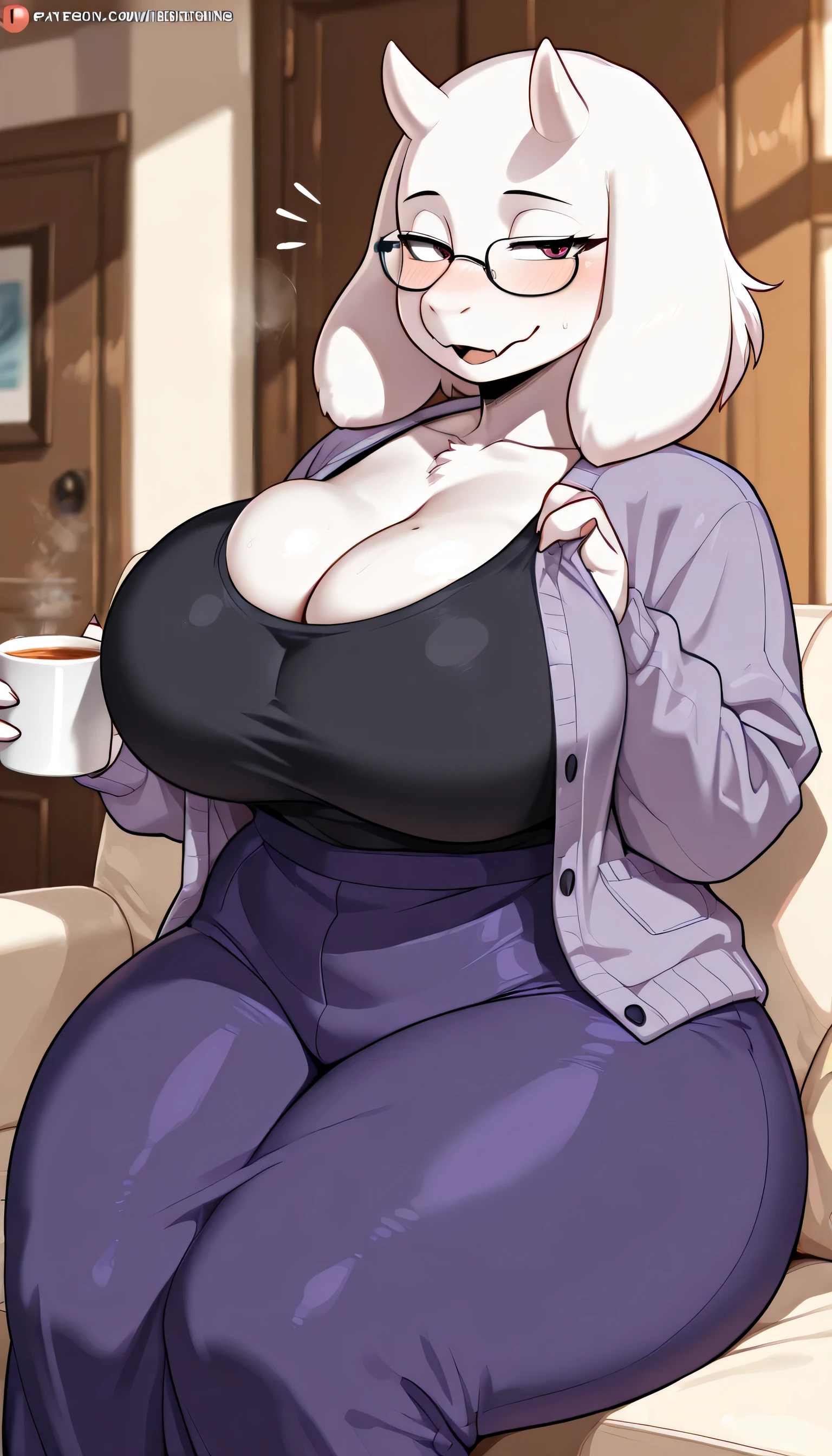 Masterpiece, high quality, 1 girl, toriel, milf, horns, red eyes, large breasts, curvy body, chubby, huge breasts, wide hips, hairy, white skin, white fur, furry hands, ((purple female cardigan)) , black t-shirt, (( long purple skirt )), glasses, looking at the viewer, living room, mischievous smile, half-closed eyes, sitting on the sofa, holding a cup of tea    