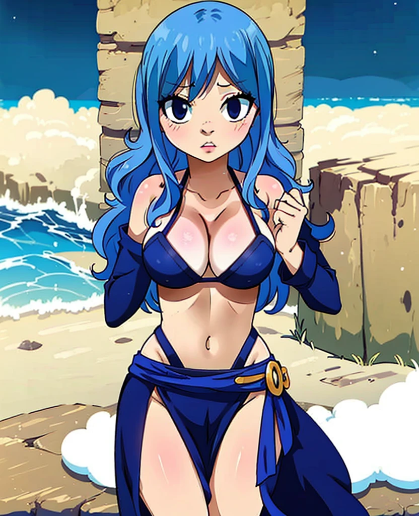 masterpiece, absurdres , (intricate details), (colorful),cinematic lighting,bust shot,extremely detailed CG unity 8k wallpaper, juviagmg, 1girl,looking at the viewer, blue theme, blue background, cloudy sky, sunlight, sweat, , bikini swimsuit, large breasts, cleavage, belly button , collarbone, thighs, sea and beach,