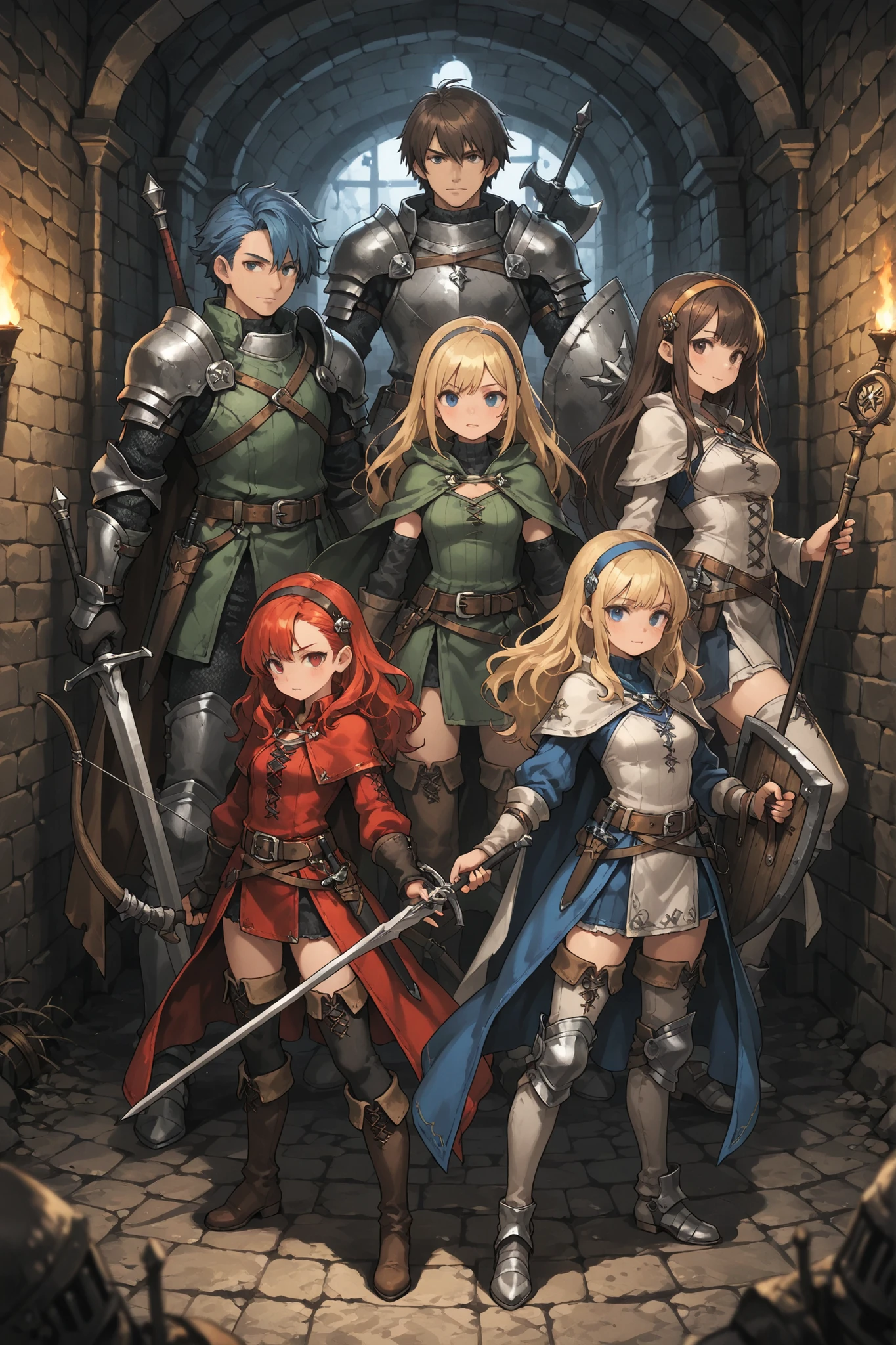 detailedanimegirl,2boys, 3girls, fantasy, look at viewer, brown_hair, ranger, bow_(weapon), red_hair, warrior, battle_axe, blond, witch, staff, blue_hair, knight, sword and shield, hair_ornament, headgear, wing_ornament, hairband, red_outfit, blue_outfit, green_outfit, white_outfit, grey_outfit, indoor, ((Dungeon)),
masterpiece, best quality, high resolution, absurdres, highres, depth of field, deepdarkdungeon