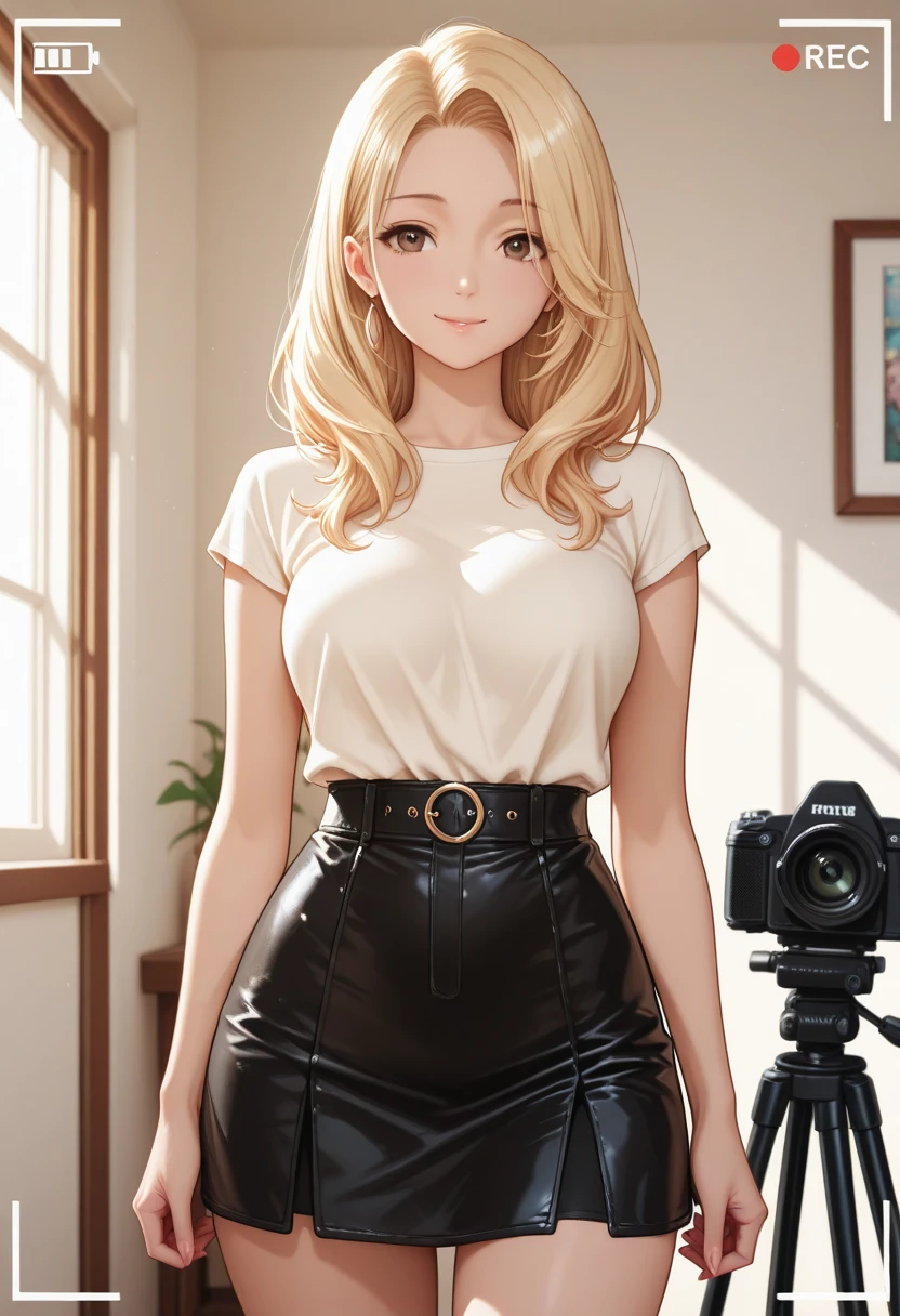 ((1girl)), one beautiful girl, detailed beautiful hair, detailed beautiful eyes, long blonde hair, small ???????, glasses, loose unzipped leather jacket, red bra, jean shorts, record store, records, vinyl, open door, open window, evening, nighttime, standing, dramatic pose, cowboy shot, cinematic lighting, dramatic lighting,