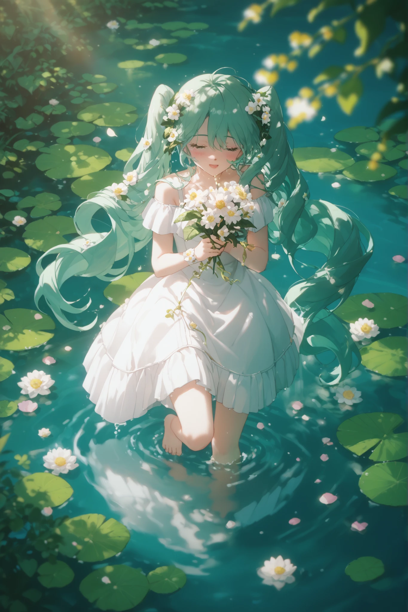 core_9, score_8_Up, score_7_Up, score_6_Up, source_cartoon, best _quality, masterpiece after sex,Kony 4666,1 girl,Close Eyes, dress, solo, flower, long hair, white dress, double ponytail, very long hair, Hold, water, 涉water, white flower, off-shoulder dress, Hold flower, Bare Shoulders, Quiet Expression, breeze, 精致的flower瓣, flowing water, The sun penetrates, gentle ripples in water, Soft Pink Color, light reflection on water surface, Natural Beauty, 头发上的flower朵装饰, light blush on the cheeks, radiant skin, ethereal atmosphere , Lush green plants in the background, barefoot, soft fabric of the dress flowing with the water, Slightly moist hem, singing in a graceful and graceful position, dreamy atmosphere, subtle shimmer on the flower, quiet moment