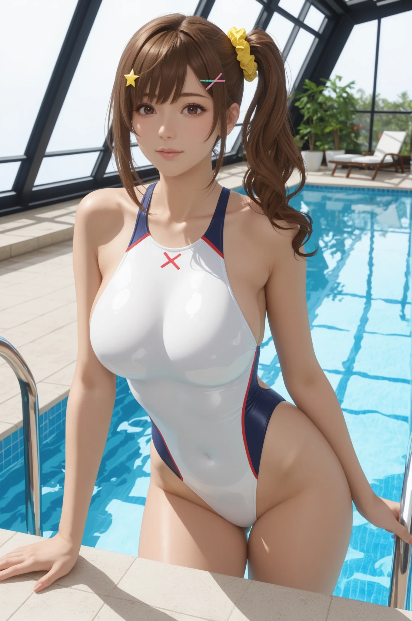 woman:1 person, ((Highly detailed skin), Beautiful realistic face, White skin, Pointed , small  , Perfect , Realistic eyes, Natural Eyes, Brown Eyes, Accurate eye focus, Accurate limbs), (Hyper Realist, Ultra-realistic, 4k, Attention to detail, Ultra-high resolution, highest quality, masterpiece, Presence, dynamic, Uplifting, bold, Sharpness, Professional Lighting), (Thinning hair:2), (Soft Hair:2), (Straight hair:1.5), Long, slicked bangs, Very light coppery amber hair, Hair on one eye, (Twin tail hair), (Wearing a competitive swimsuit:1.5), The shine of competitive swimsuits, Metallic colors competition swimsuit, Metallic Racing Swimsuit, Metallic high leg swimsuit, ({Metallic pink color| Metallic gold color| Metallic silver color| Metallic wine red color| Metallic navy color| Metallic blue color| Metallic purple color| Metallic yellow color| Metallic grey color| Metallic colors|}Swimsuit color), (Poolside), :1.3, Tall, Long, slender limbs,  pose,  pose, Dog Pose, I'm sticking my  up, Sticking out her , Accentuate your , The swimsuit is digging into her , Shooting , back, Looking Back, smile, whole body, Put your  close, Accentuate your , Looking into the camera, Nikon, Canon,