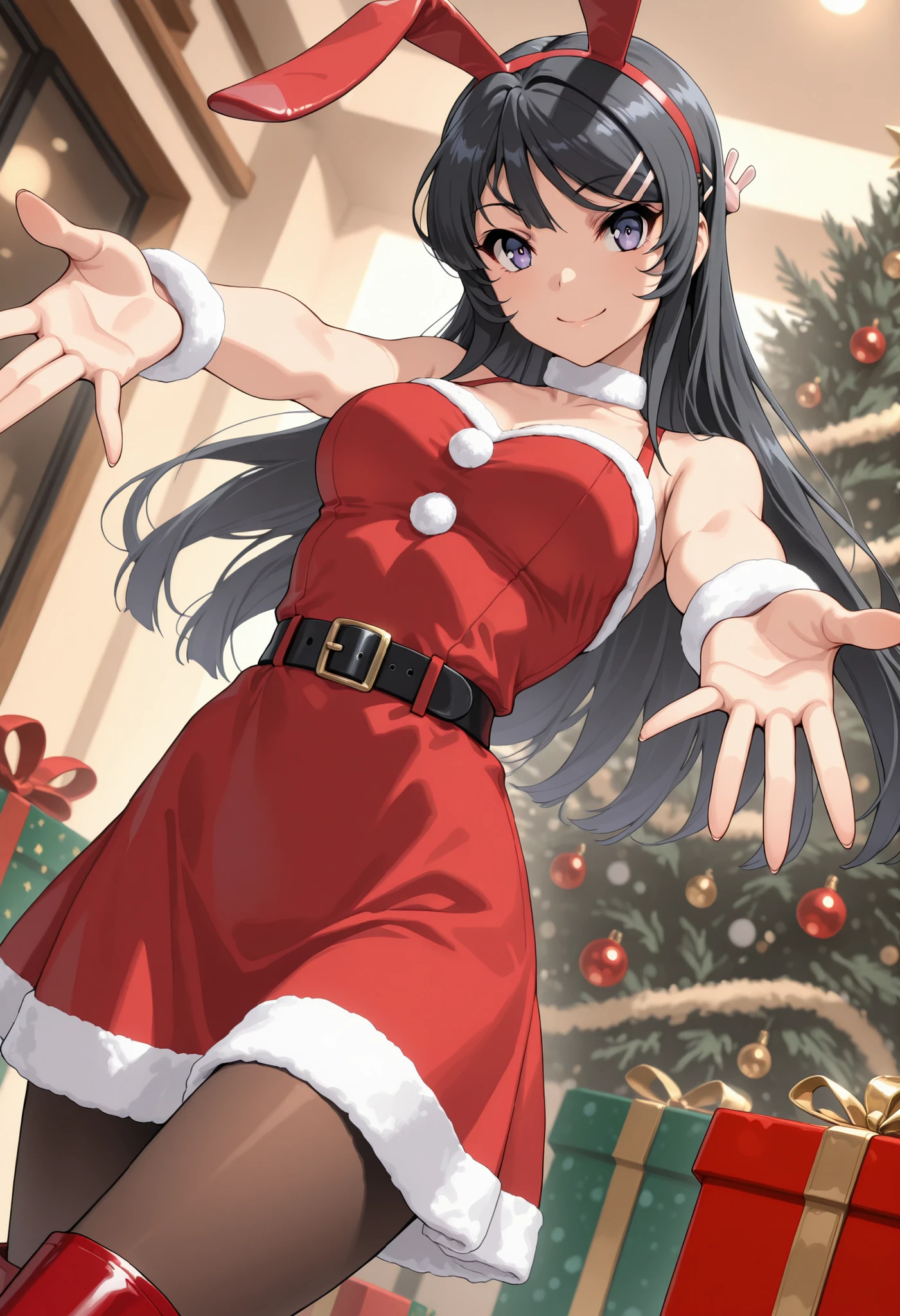 masterpiece,best quality,ultra detailed, 16k,32k wallpaper,
upper body, outstretched arms), nice pose, smile, dynamic angle,
1girl, solo, beautiful japanese hight girl,18 years old, looking at viewer, Petite, beautiful breasts, skinny body, moderate waist, medium breasts, 
mai sakurajima, long hair, bangs, (black hair:1.2), (purple eyes:1.1), ((hair clip)), tiara,
Red santa dress with a white fur trim, Sleeveless, White fur choker, red hairband, rabbit ears, fake animal ears, black belt with a gold buckle, red boots with a white fur trim, brown pantyhose, 
outdoor, christmas decoration, christmas present,