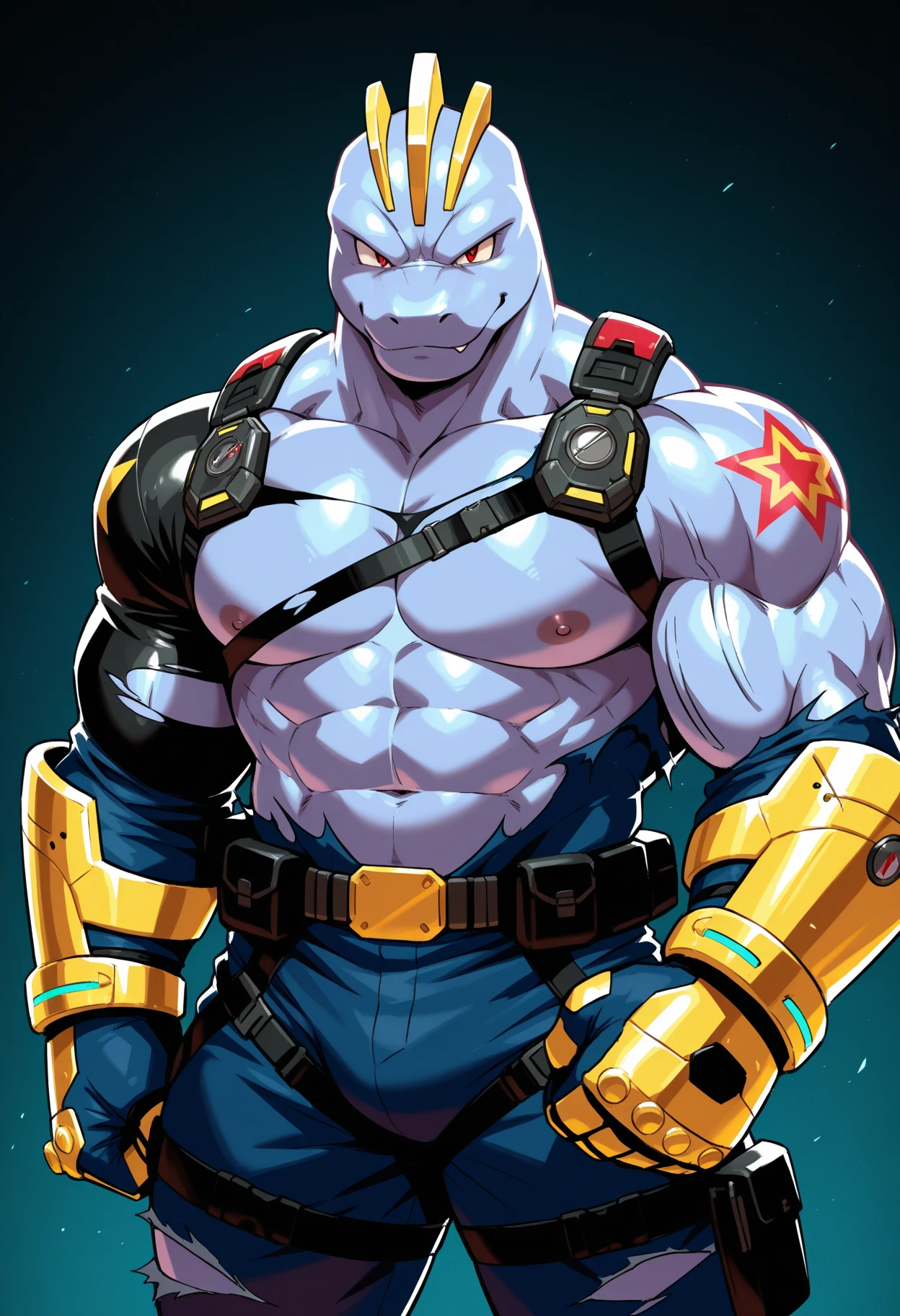 anime character with huge breasts and big muscles posing for a picture, oppai, oppai proportions, thicc, powerful and huge, biomechanical oppai, big arms, big muscle, heavy detailedig biceps, massive muscles