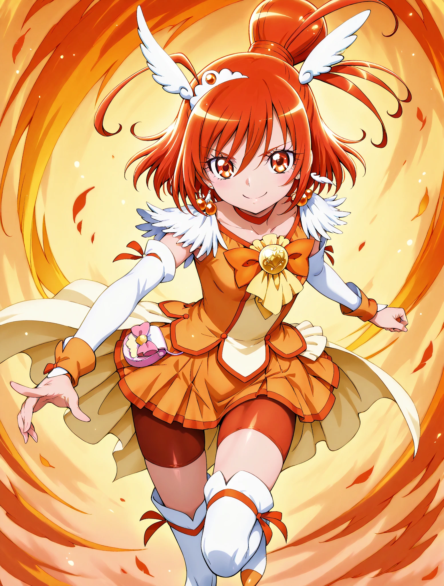 curesunny, shiny skin, high quality, solo, lying, on back, arms up, spread arms, closed mouth, on grass, (cowboy shot:1.5), looking at viewer, nervous, smile, best quality,