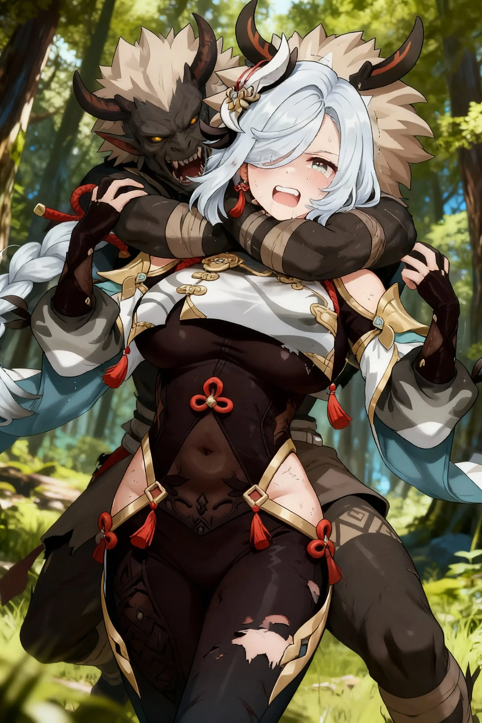 arlecchino (genshin impact),group  , hilichurls, , , hard , spasm, , pleasure, forest, night, , multiple boys, , 4hilichurls,