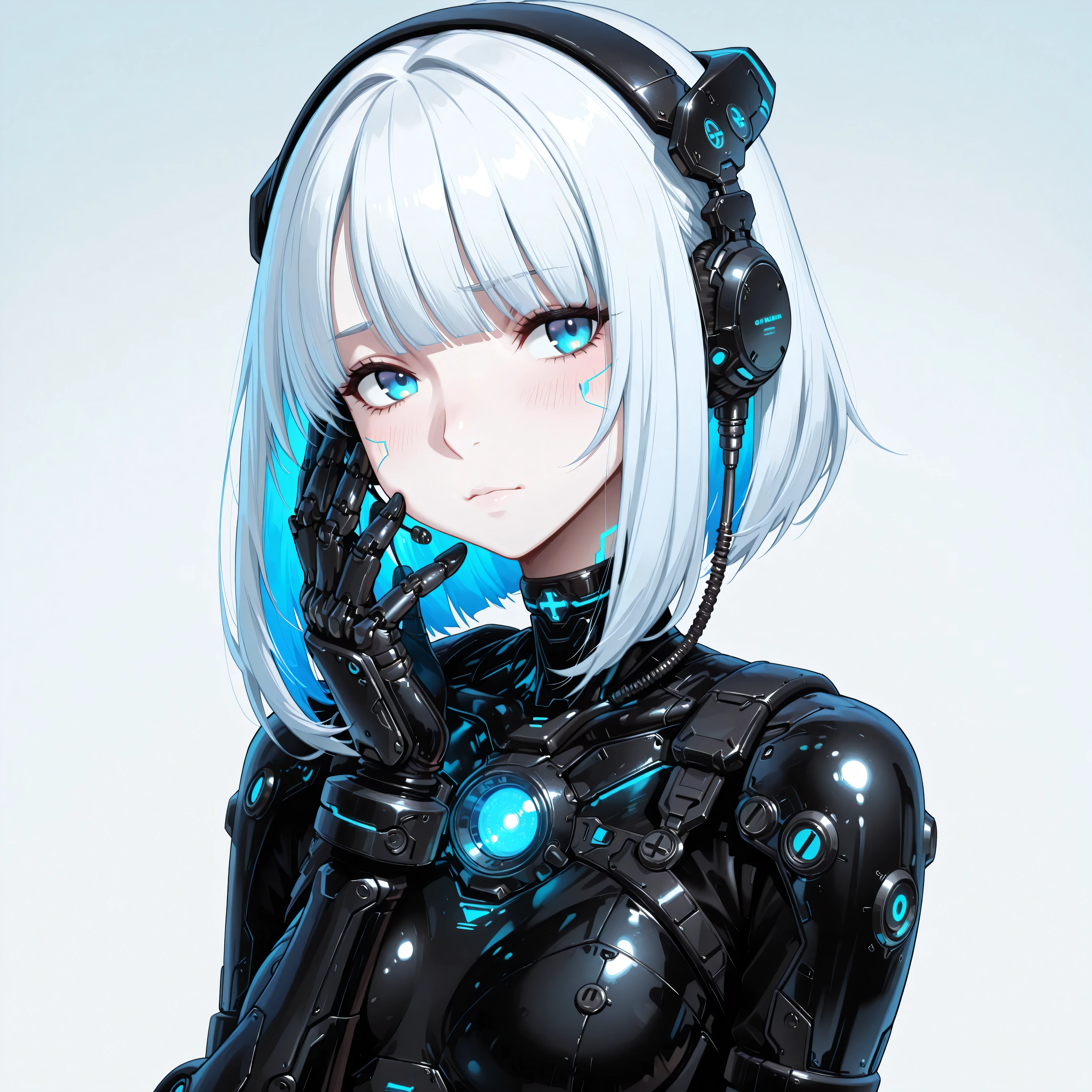 ==================
character:
==================
1girl, solo,
young female android, cybernetic girl,
short to medium length silver-white hair, soft layered bob, slightly wavy,
straight bangs, fine hair strands, glossy hair,
icy blue eyes, large anime eyes, calm and serious expression,
soft blush on cheeks, pale skin,
small mouth, delicate facial features,
earpiece, cyber ear module,
futuristic choker with small glowing core,
==================
Body & Costume:
==================
high-tech exosuit, futuristic combat suit,
white and black armored bodysuit,
cyan and teal glowing accents,
sleek mechanical design, segmented armor plates,
hard-surface armor mixed with soft inner suit,
exposed joints with glowing lines,
mechanical arms, armored gauntlets,
detailed sci-fi plating, micro panel lines,
glossy metal + matte material contrast,
clean sci-fi aesthetic, no damage, pristine condition,
==================
Details & Texture:
==================
ultra detailed illustration,
sharp lineart, thin clean outlines,
soft anime shading, subtle gradients,
high contrast lighting,
rim light around silhouette,
glowing elements softly illuminated,
refined highlights, cinematic polish,
==================
Composition & Pose:
==================
upper body focus, mid-shot,
slightly angled body, dynamic but calm pose,
one hand raised near face,
looking slightly to the side,
balanced composition,
==================
Background:
==================
simple background,
minimalist background,
soft gradient background,
light gray to pale blue gradient,
no scenery, no objects,
clean empty space,
studio background,
==================
Overall Style:
==================
anime style, futuristic anime illustration,
illustrious style,
high quality, masterpiece,
extremely detailed, best quality,
