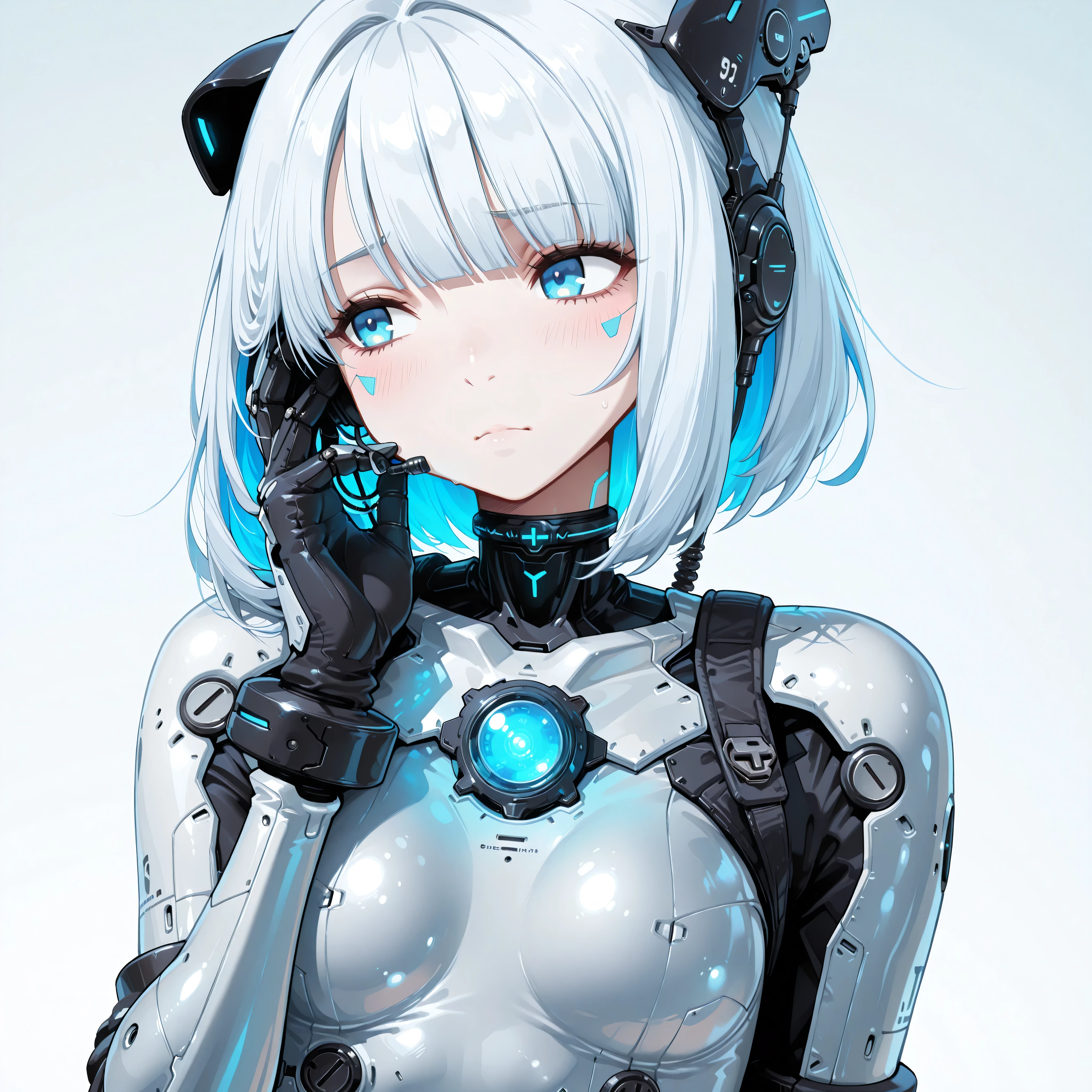 ==================
character:
==================
1girl, solo,
young female android, cybernetic girl,
short to medium length silver-white hair, soft layered bob, slightly wavy,
straight bangs, fine hair strands, glossy hair,
icy blue eyes, large anime eyes, calm and serious expression,
soft blush on cheeks, pale skin,
small mouth, delicate facial features,
earpiece, cyber ear module,
futuristic choker with small glowing core,
==================
Body & Costume:
==================
high-tech exosuit, futuristic combat suit,
white and black armored bodysuit,
cyan and teal glowing accents,
sleek mechanical design, segmented armor plates,
hard-surface armor mixed with soft inner suit,
exposed joints with glowing lines,
mechanical arms, armored gauntlets,
detailed sci-fi plating, micro panel lines,
glossy metal + matte material contrast,
clean sci-fi aesthetic, no damage, pristine condition,
==================
Details & Texture:
==================
ultra detailed illustration,
sharp lineart, thin clean outlines,
soft anime shading, subtle gradients,
high contrast lighting,
rim light around silhouette,
glowing elements softly illuminated,
refined highlights, cinematic polish,
==================
Composition & Pose:
==================
upper body focus, mid-shot,
slightly angled body, dynamic but calm pose,
one hand raised near face,
looking slightly to the side,
balanced composition,
==================
Background:
==================
simple background,
minimalist background,
soft gradient background,
light gray to pale blue gradient,
no scenery, no objects,
clean empty space,
studio background,
==================
Overall Style:
==================
anime style, futuristic anime illustration,
illustrious style,
high quality, masterpiece,
extremely detailed, best quality,