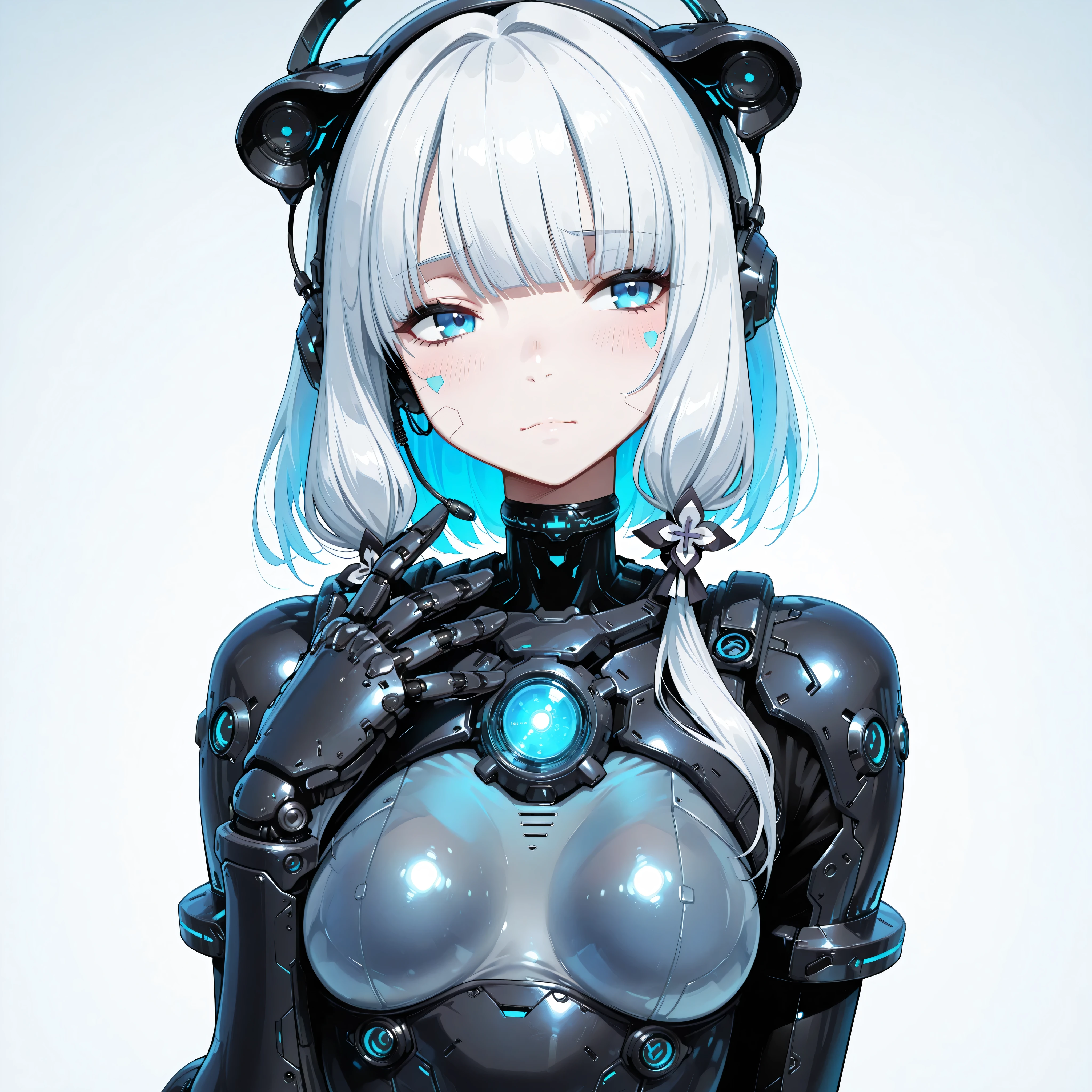==================
character:
==================
1girl, solo,
young female android, cybernetic girl,
short to medium length silver-white hair, soft layered bob, slightly wavy,
straight bangs, fine hair strands, glossy hair,
icy blue eyes, large anime eyes, calm and serious expression,
soft blush on cheeks, pale skin,
small mouth, delicate facial features,
earpiece, cyber ear module,
futuristic choker with small glowing core,
==================
Body & Costume:
==================
high-tech exosuit, futuristic combat suit,
white and black armored bodysuit,
cyan and teal glowing accents,
sleek mechanical design, segmented armor plates,
hard-surface armor mixed with soft inner suit,
exposed joints with glowing lines,
mechanical arms, armored gauntlets,
detailed sci-fi plating, micro panel lines,
glossy metal + matte material contrast,
clean sci-fi aesthetic, no damage, pristine condition,
==================
Details & Texture:
==================
ultra detailed illustration,
sharp lineart, thin clean outlines,
soft anime shading, subtle gradients,
high contrast lighting,
rim light around silhouette,
glowing elements softly illuminated,
refined highlights, cinematic polish,
==================
Composition & Pose:
==================
upper body focus, mid-shot,
slightly angled body, dynamic but calm pose,
one hand raised near face,
looking slightly to the side,
balanced composition,
==================
Background:
==================
simple background,
minimalist background,
soft gradient background,
light gray to pale blue gradient,
no scenery, no objects,
clean empty space,
studio background,
==================
Overall Style:
==================
anime style, futuristic anime illustration,
illustrious style,
high quality, masterpiece,
extremely detailed, best quality,